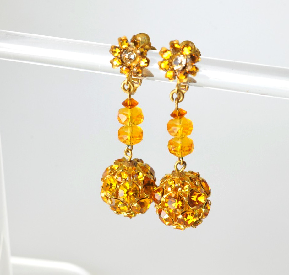 Vtg signed Miriam Haskell rhinestone Gold Tone drop clip earrings amber color