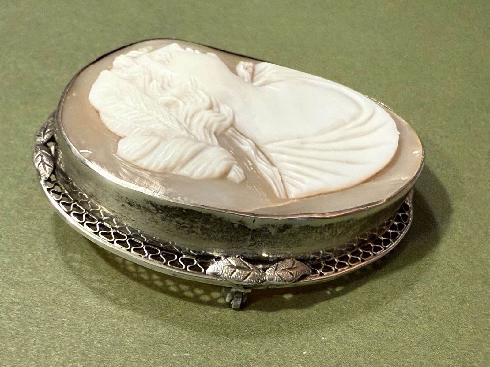Vintage Ornate Sterling Silver Angel Skin Coral Cameo / 2″ x 1.5″ / BEAUTIFUL