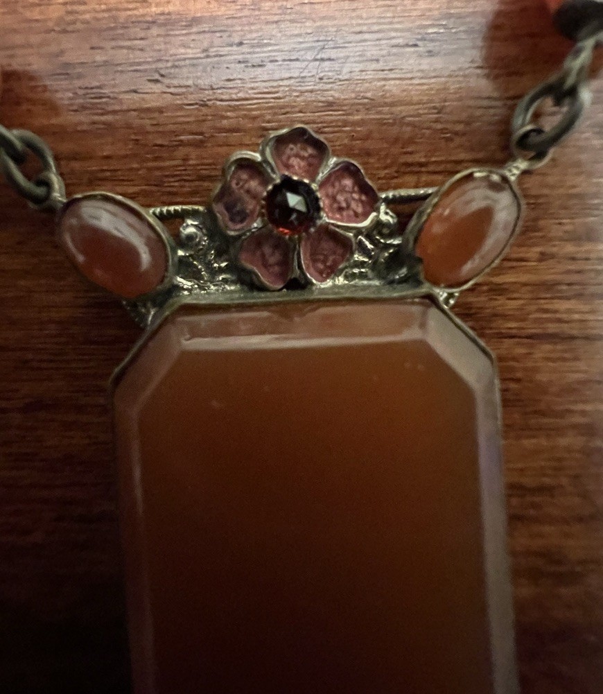 Vintage CZECH Faux Carnelian Glass Enamel Floral Station Pendant Necklace Signed