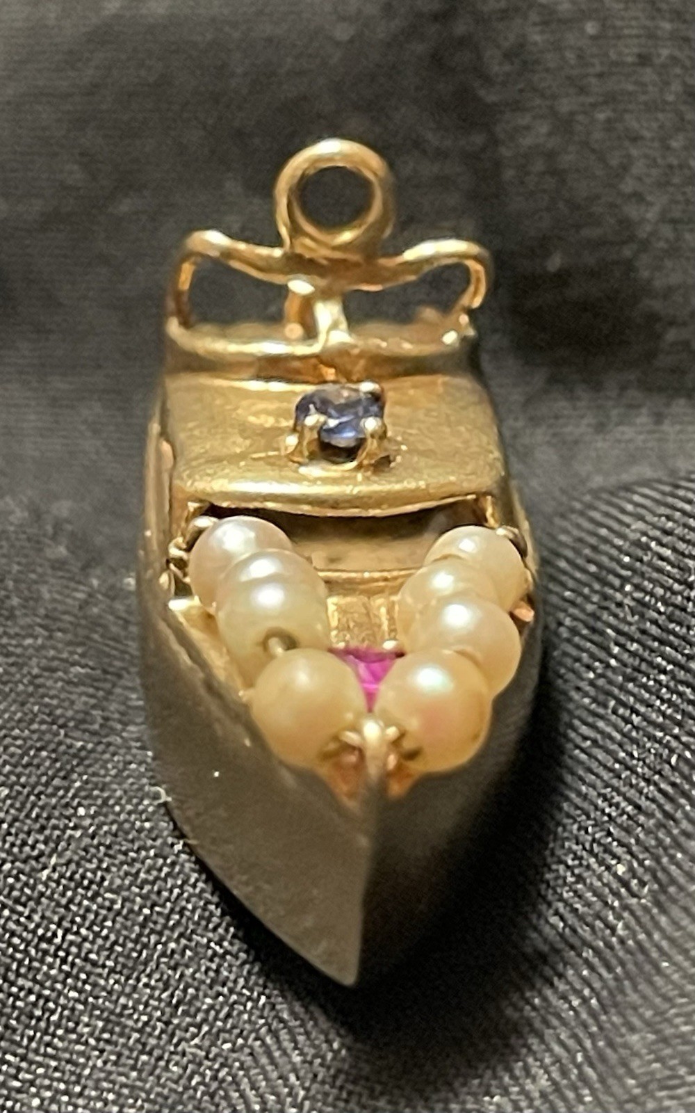 1955 Antique 14k Solid Yellow Gold Boat Charm Pendant Ruby Sapphire Pearls RARE