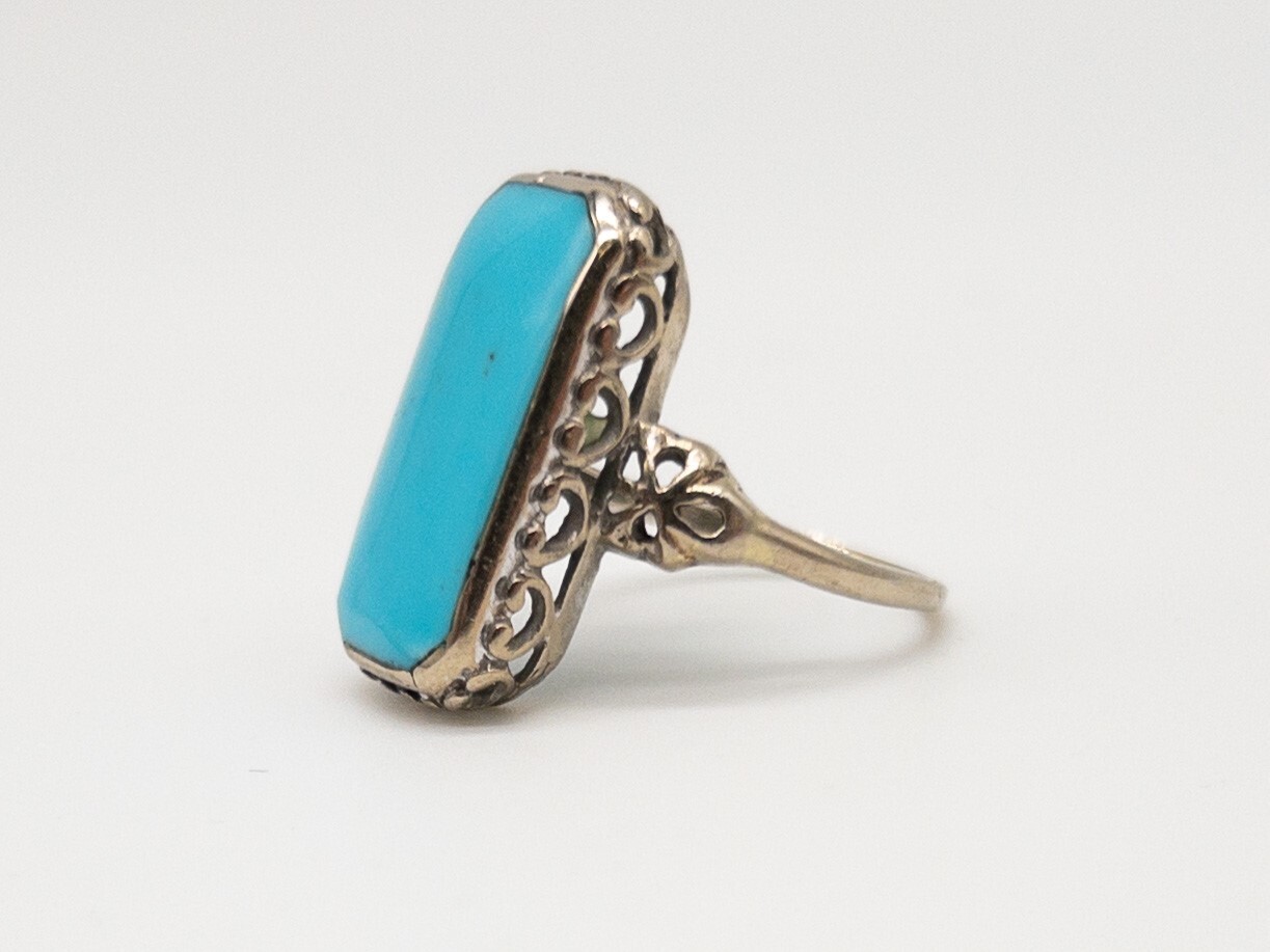 Antique Edwardian 1900s BDA 5ct Natural Turquoise 10k White Gold Filigree Ring