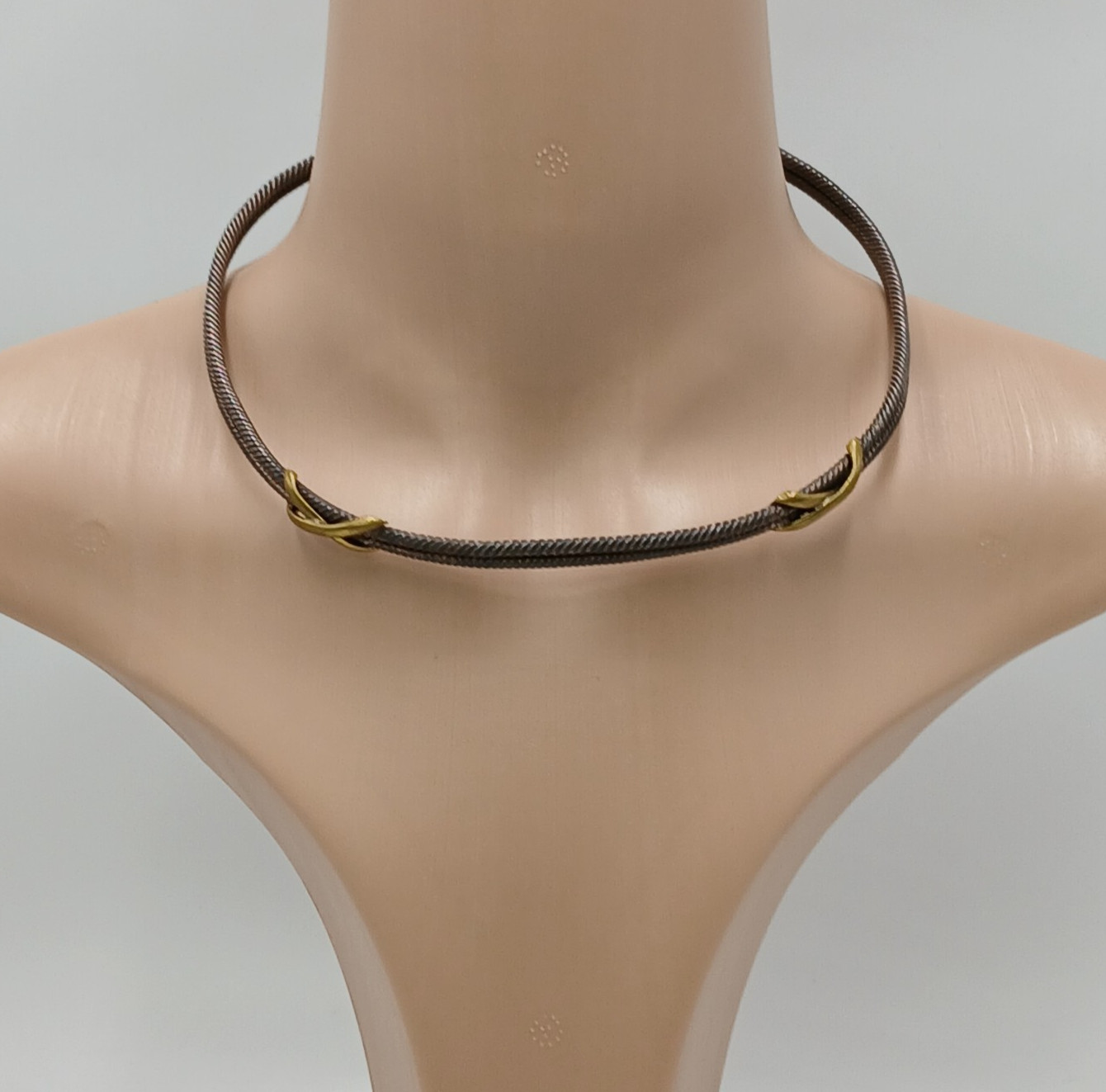 VTG 925 Taxco Mexico Heavy Cable Choker Necklace 61g Two Tone Accent End Caps