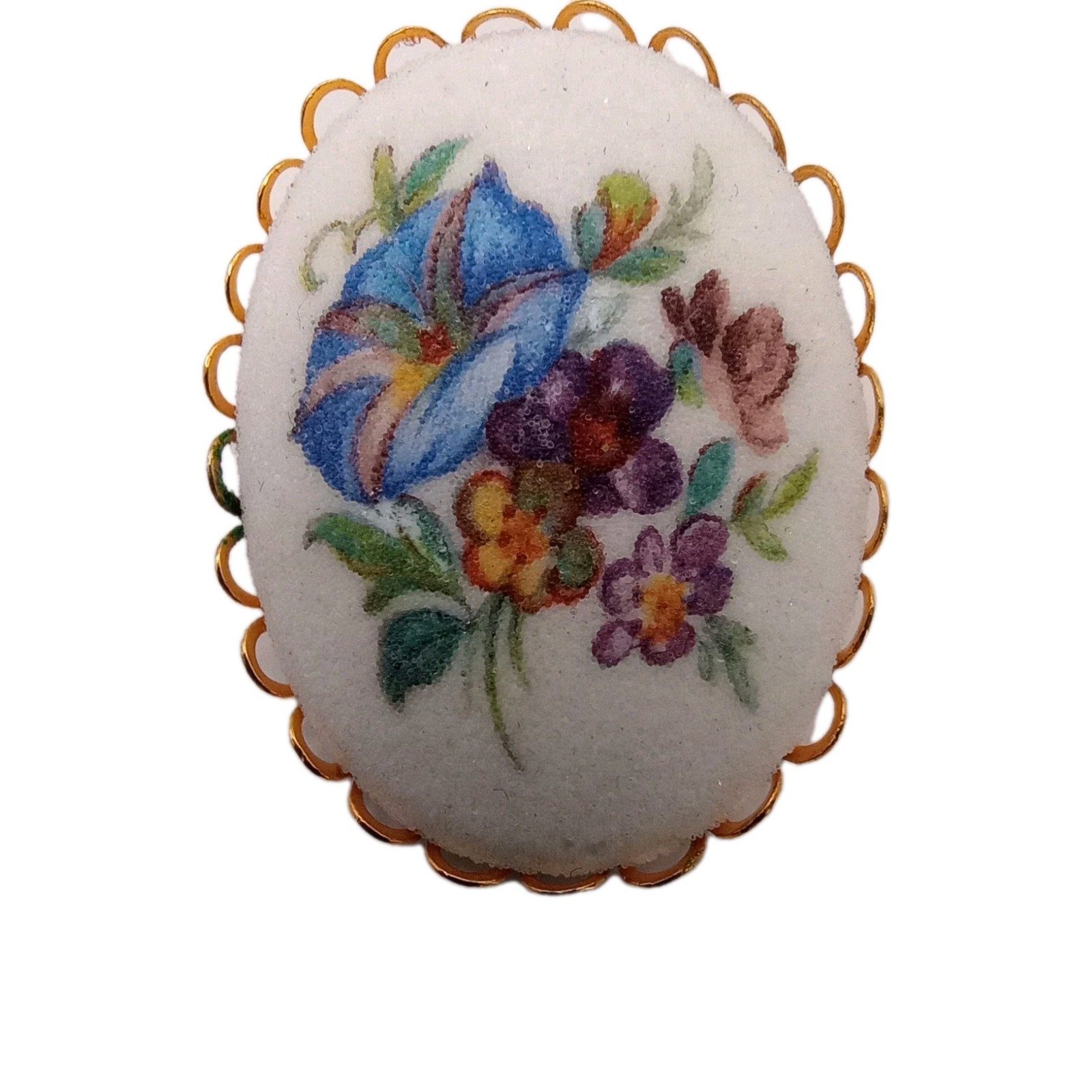 Vintage Floral Sugared Blue Morning Glory Brooch Gold Tone Scallop Pin 1 3/4 in