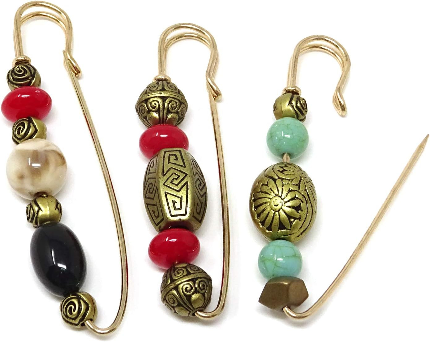 ” 3PCS Vintage Beaded Brooch Large Safety Pins for Sweaters, Shawls, Collars, Dr