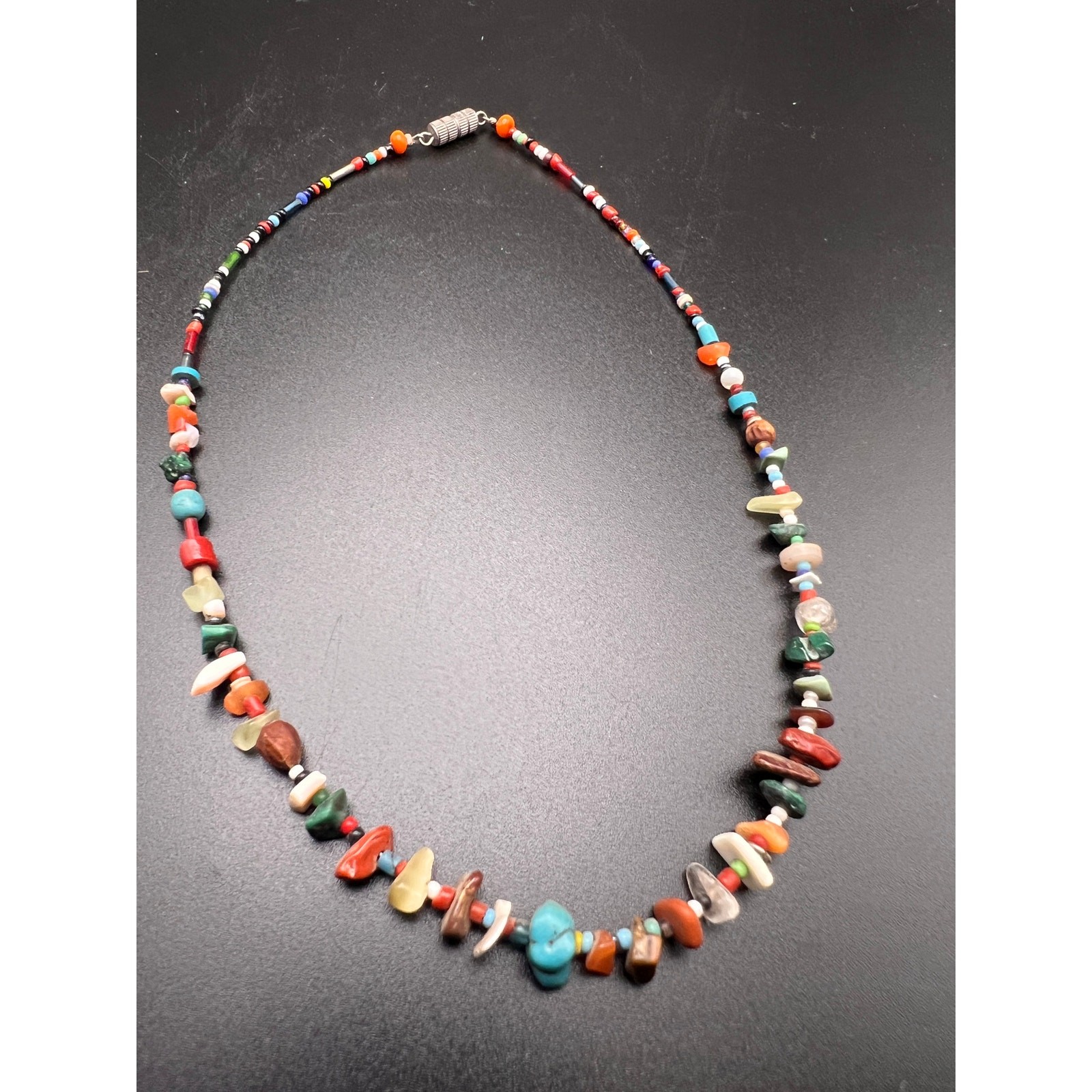 Vintage 70s beaded semi precious stone glass shell nugget necklace boho indie
