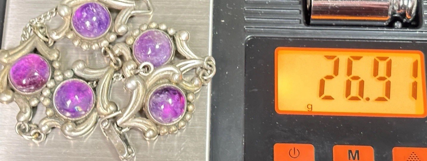 VTG LOS CASTILLO Taxco Sterling Silver Amethyst Floral Scrollwork Panel Bracelet