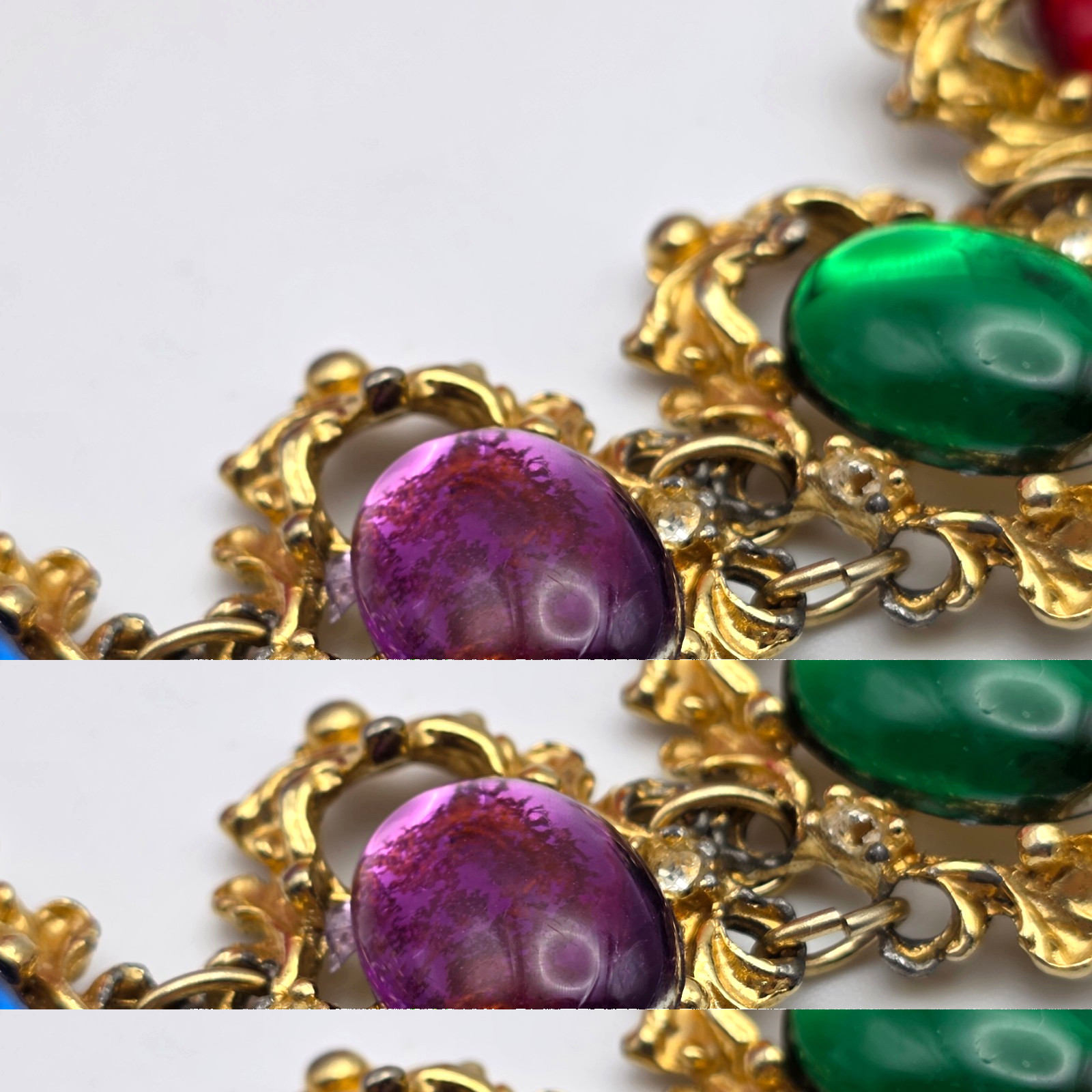 Vintage Victorian Revival Lucite Cabochon Bracelet Gold Tone Rhinestone 7.5″
