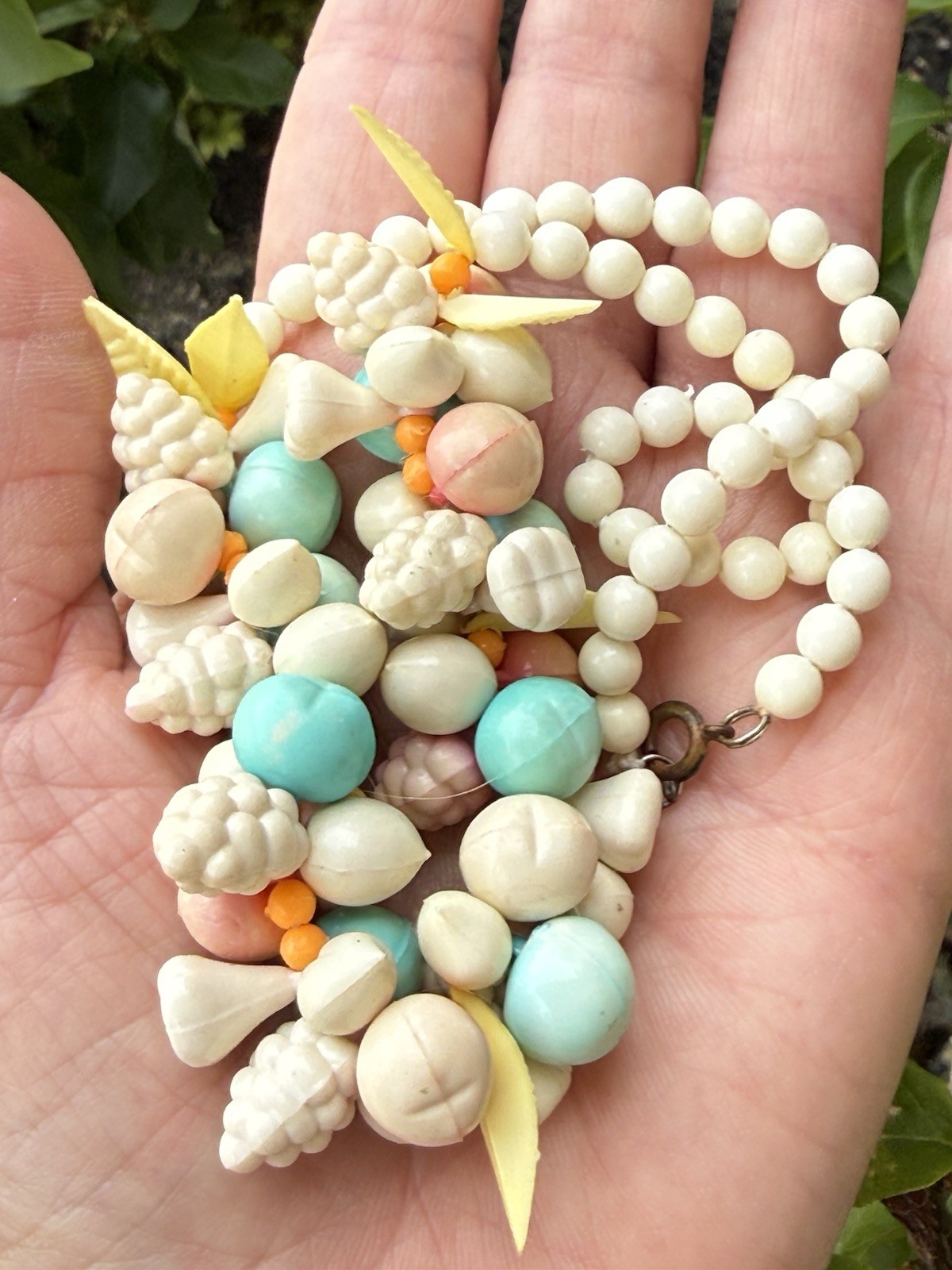 Vintage Celluloid Soft Pastels Fruit Salad Lightweight Summer Necklace 17″ L