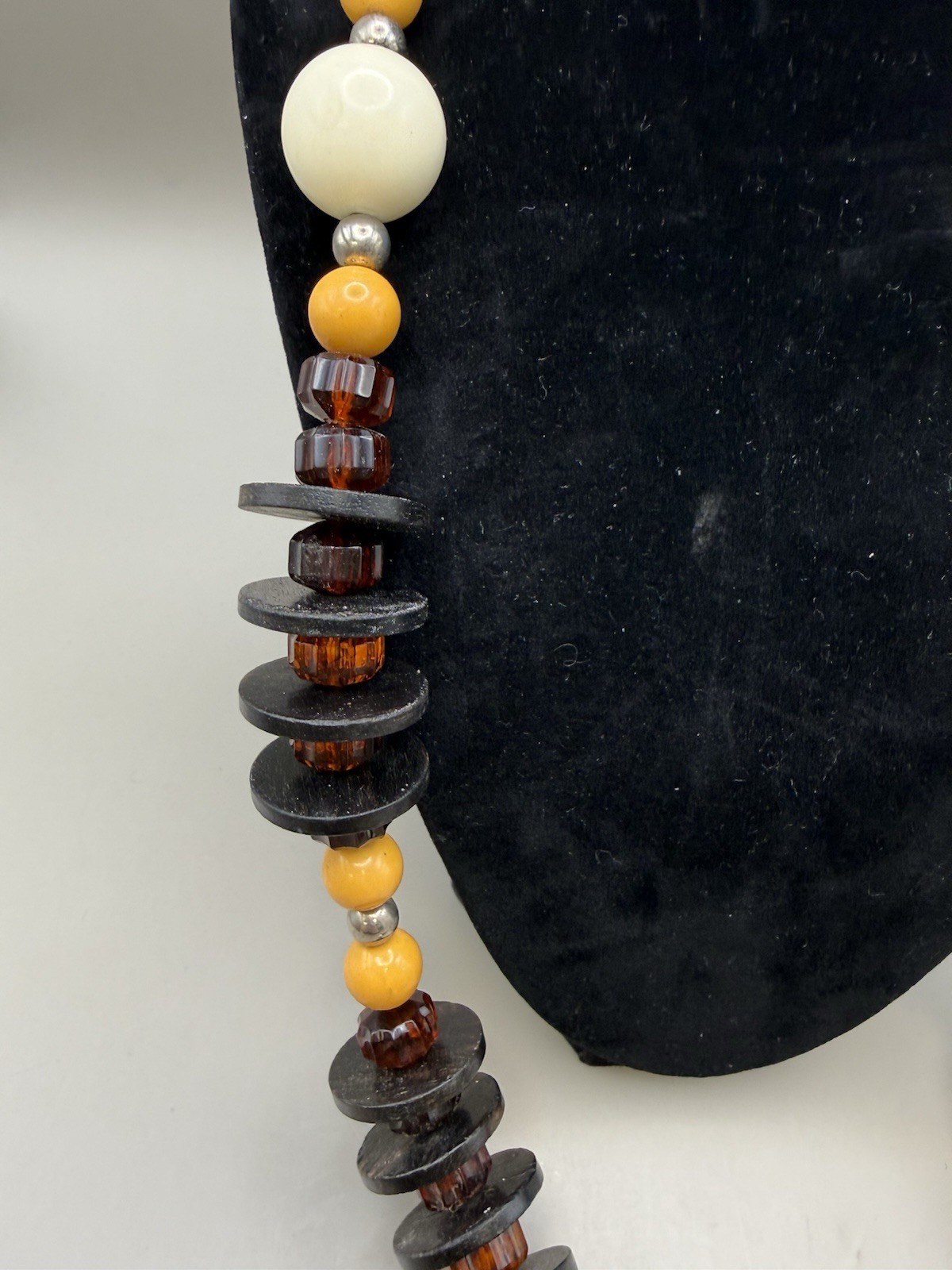 VTG Chunky Beaded Statement Necklace Cream , Amber Yellow , Black Mixed Beads