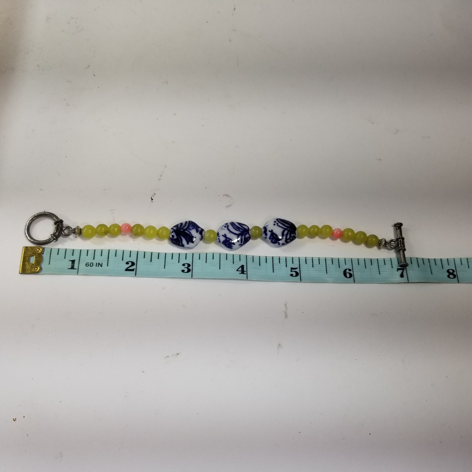 Bracelet Blue White Porcelain with Lemonade Yellow Glass Beads Toggle Closure
