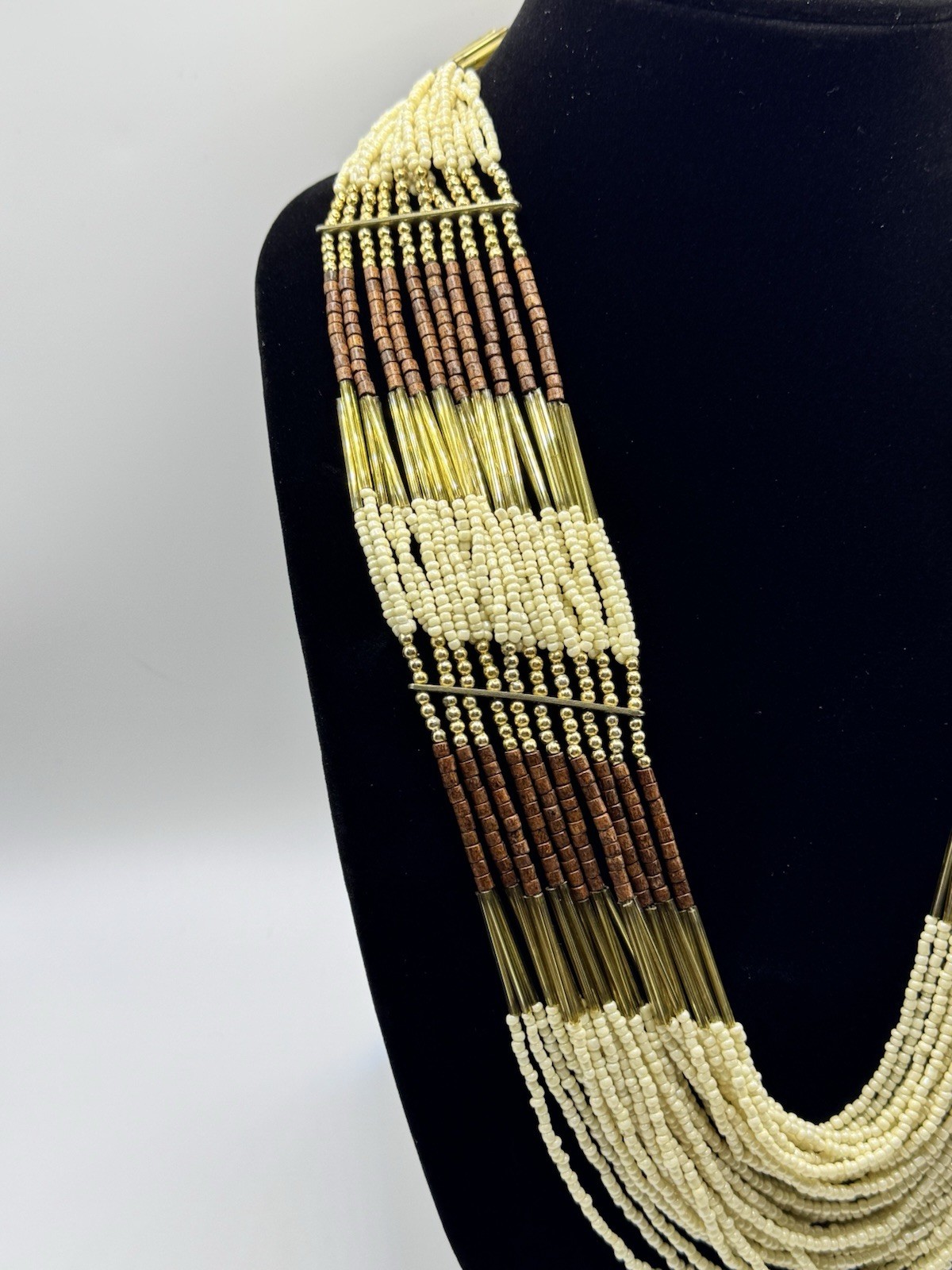 Boho Brass Tube Multi Strand Seed Bead Statement Necklace 30” Tribal Layered