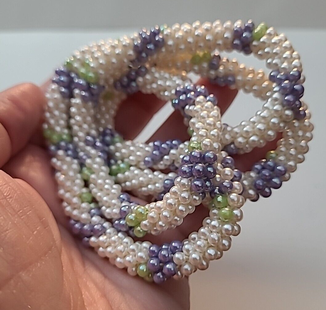 VTG Long White Purple Green Seed Beaded Rope Necklace Unsigned 1960’s 1970’s