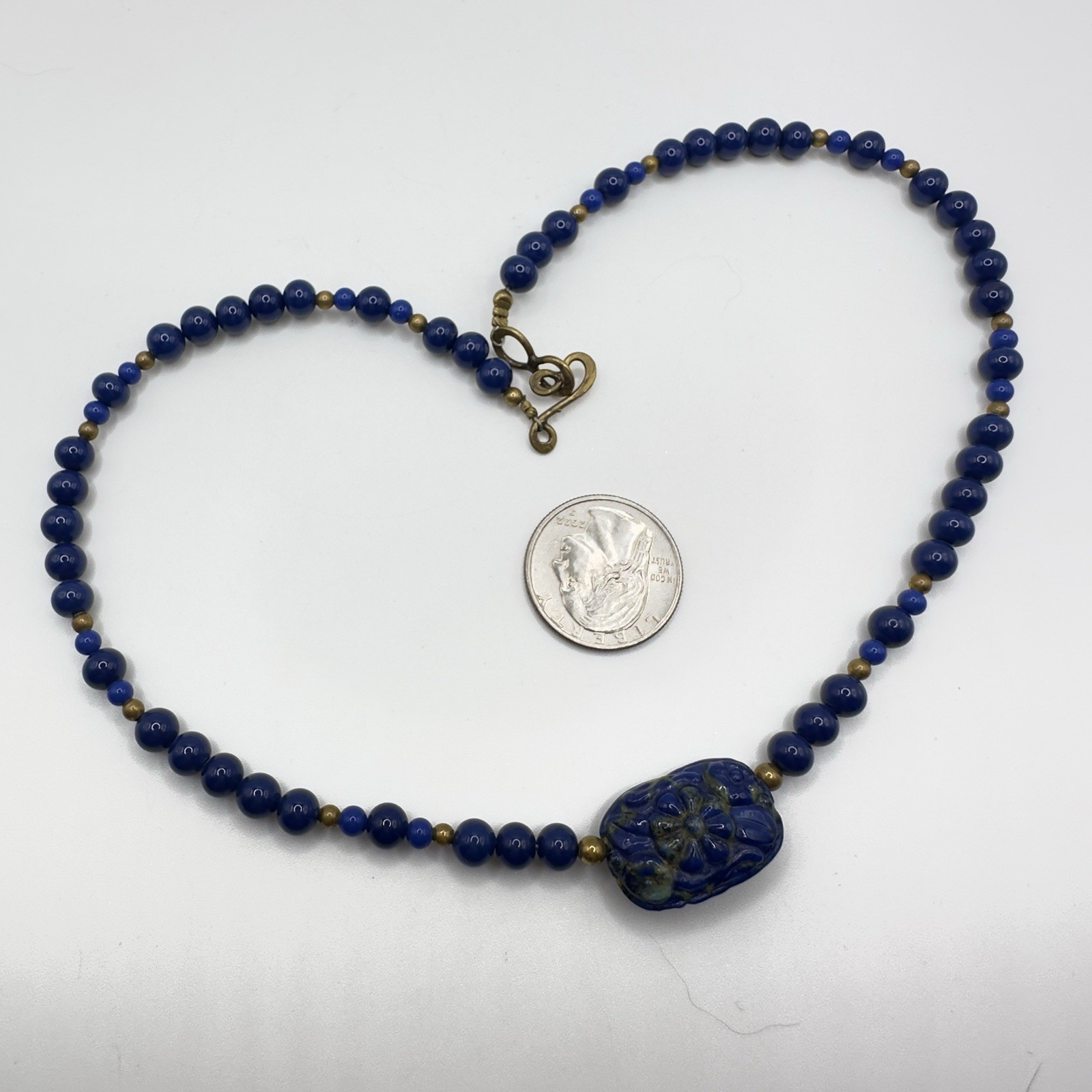Artisan Blue Beaded Necklace Carved Floral Center Brass Hook Clasp 18″ Handmade