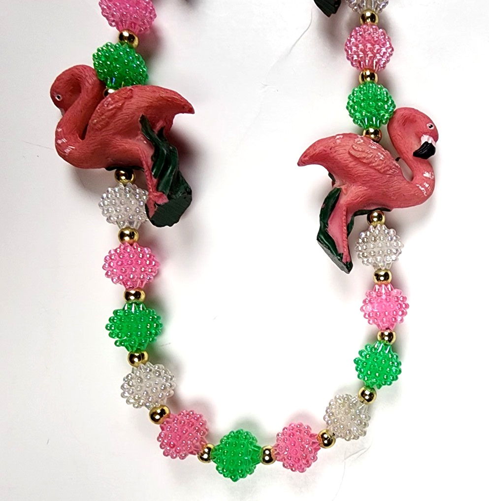 VTG Pastel Resin POPCORN Beaded Flamingo Necklace Pink Green FUN witty Wear