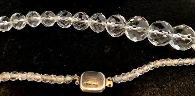 VTG Crystal Glass Faceted Graduated Bead 21″ Sterling/Blue Rhinestone Necklace