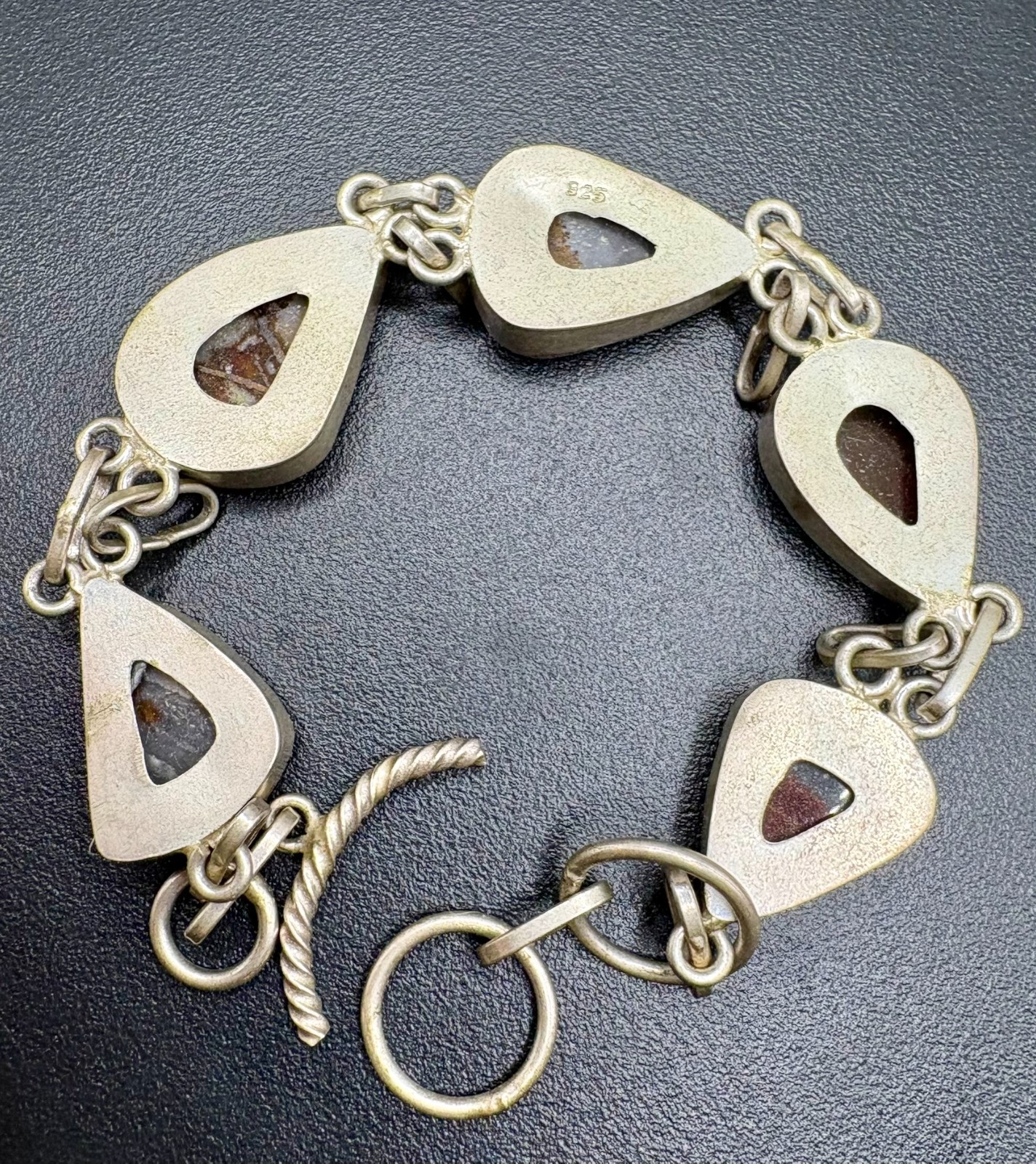 Vintage Sterling Silver Picture Jasper Link Bracelet 925 Artisan 8.5 Inch