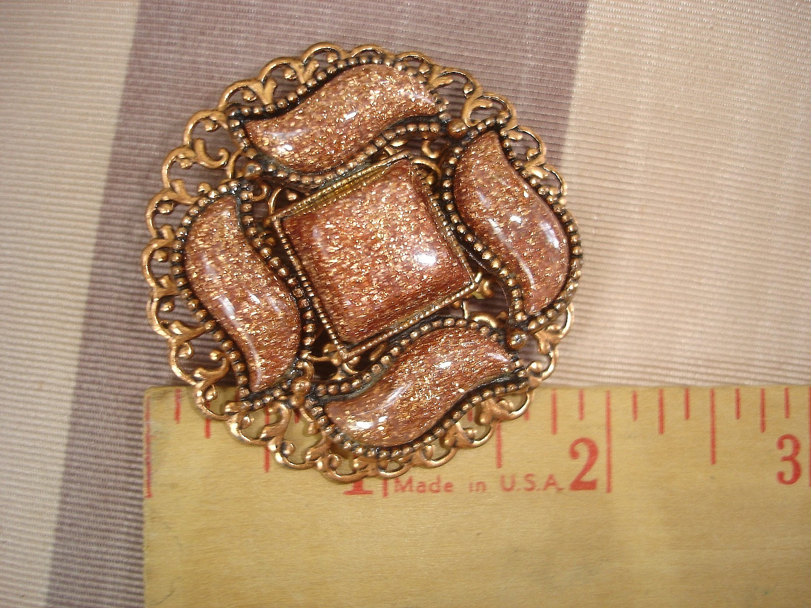 Vintage Lovely Almost 2 Inch Round Filigree Copper Sparkly GOLDSTONE Pin Brooch