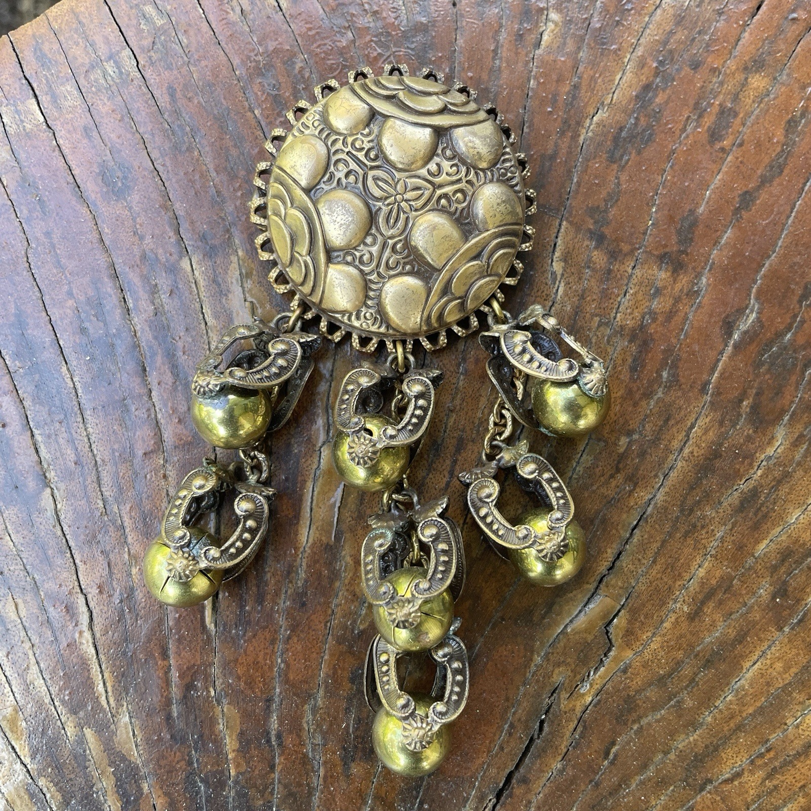 Sterling Button Company NY Brass Repousse Festoon Brooch Unsigned Statement