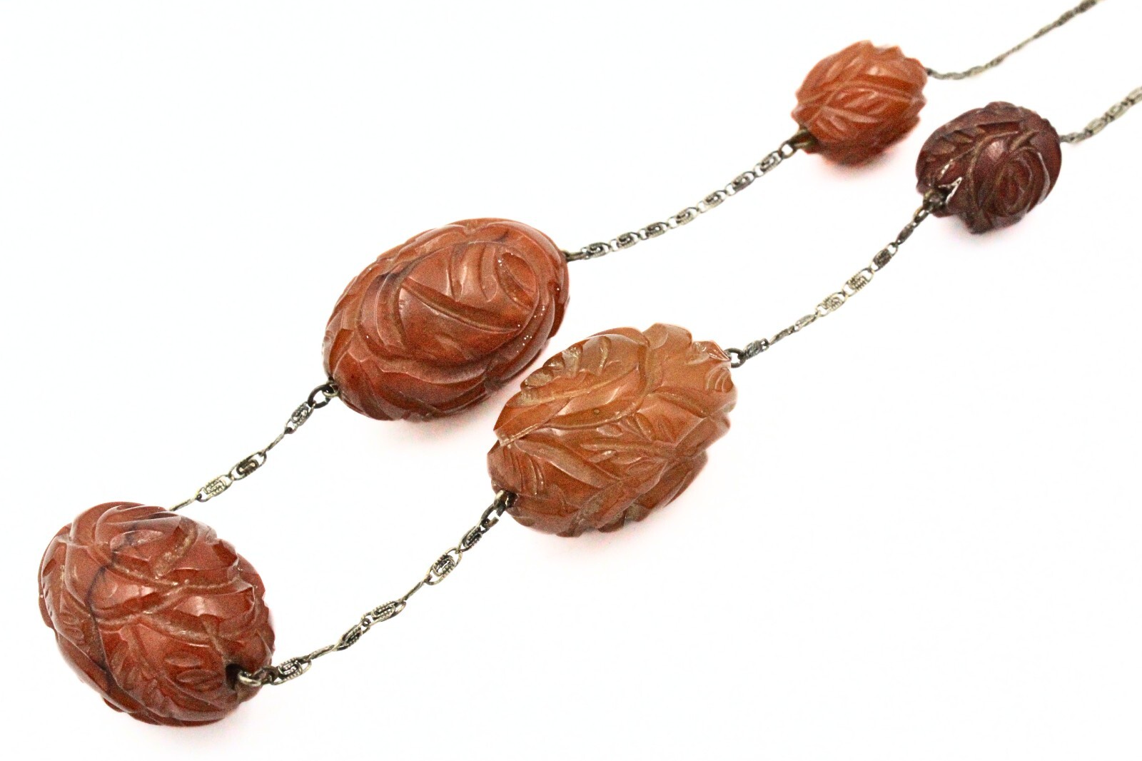 Antique Art Deco Silver 850 Carved Bakelite Flower Bead Station Necklace
