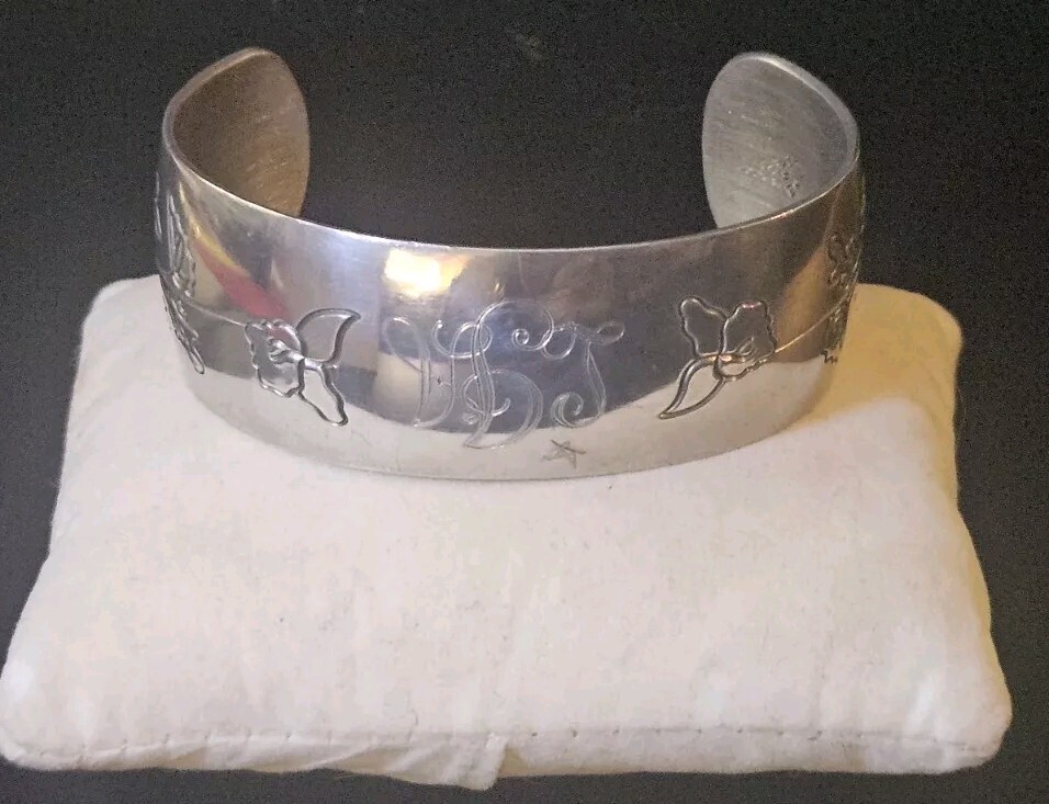 Violet: MJ Pewter Stamped; February Flower of The Month, Cuff Bracelet Violet