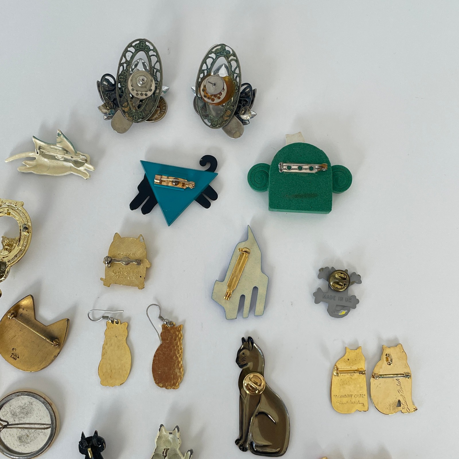 Vtg WHIMSICAL CAT Brooch Lot 50s 70s 80s Jewelry Artisan Burch Pinback Earrings