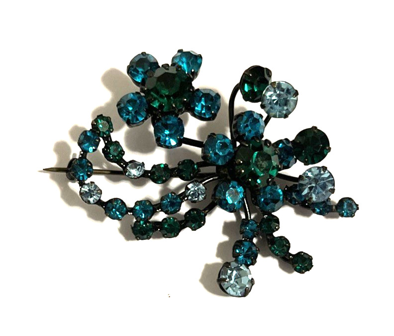 vintage austrian crystal Rhinestones brooch Teal & Light Blue Signed