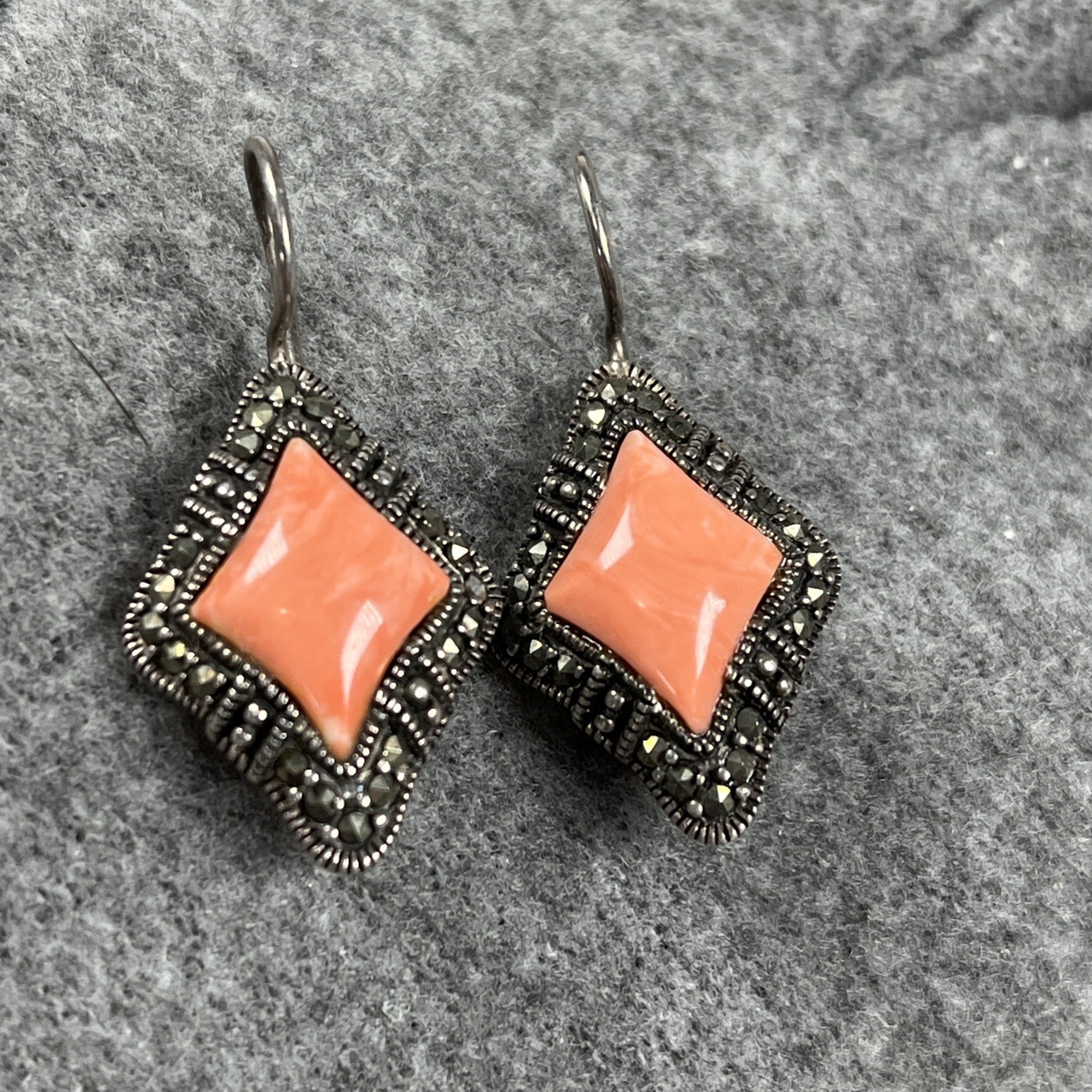 A 925 Vintage Sterling Silver 925 Marcasite Faux Coral Dangle Earrings 6.9g