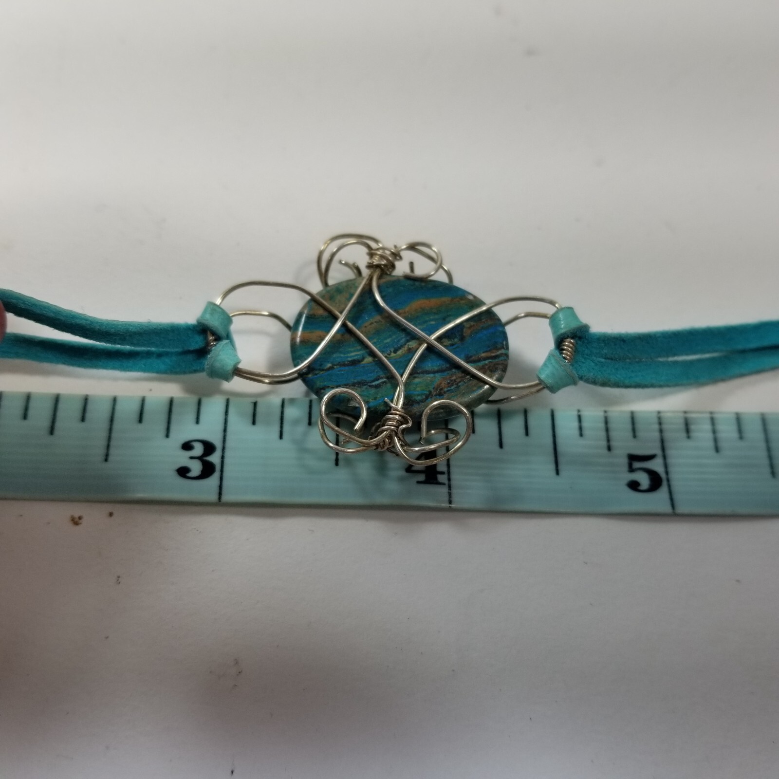 Unique Faux Turquoise Cabochon Silver Tone Bracelet Caged