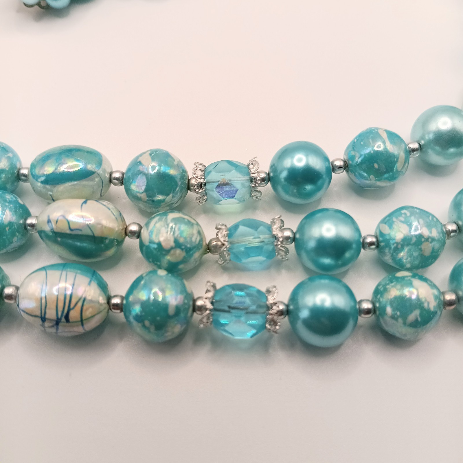 VTG Blue/AB Bead Demi Parure 3 Strand Stamped Japan Necklace And Clipon Earrings