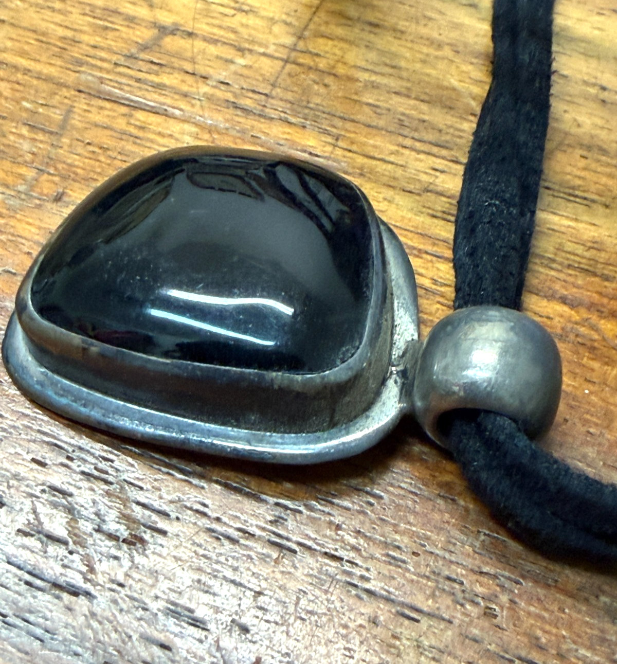 Vtg ATI Mexico .925 Sterling Mahogany Black Obsidian Pendant Suede Necklace