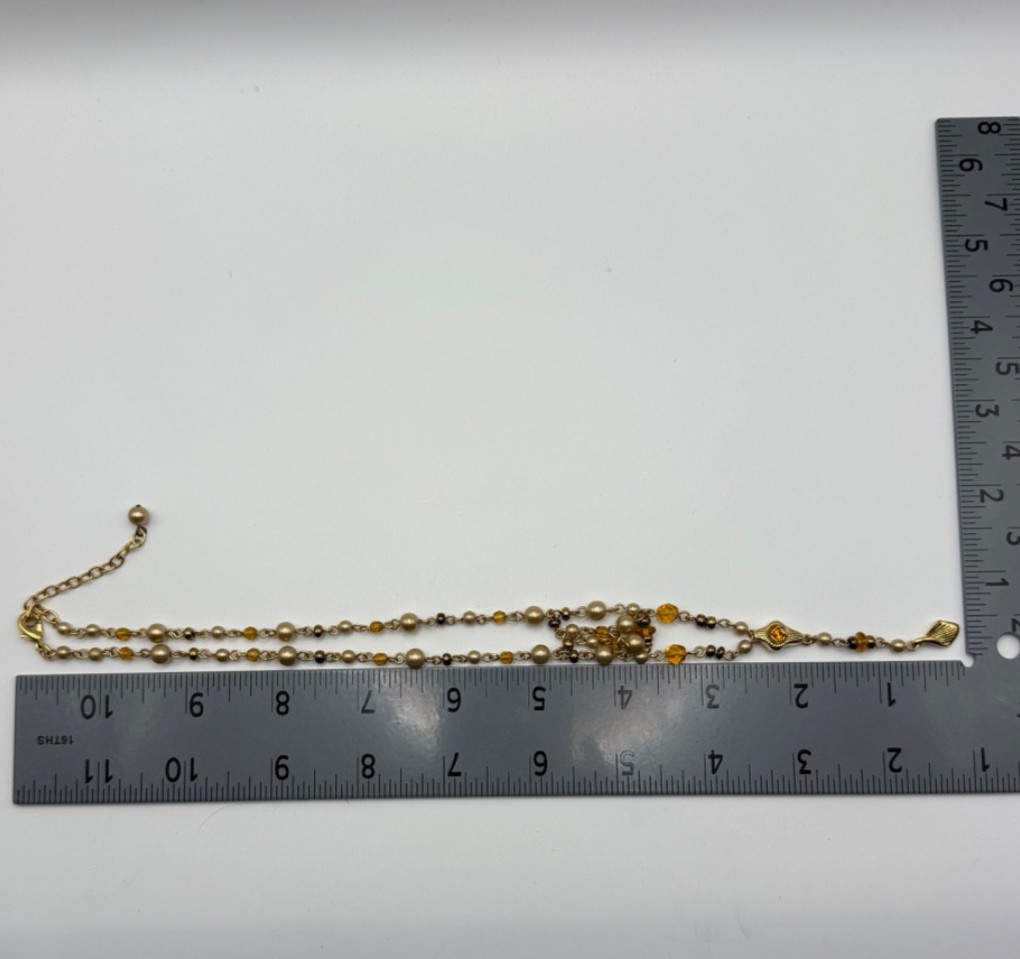 Vintage Layered Faux Pearl Amber Glass Gold Tone Y Necklace Adjustable