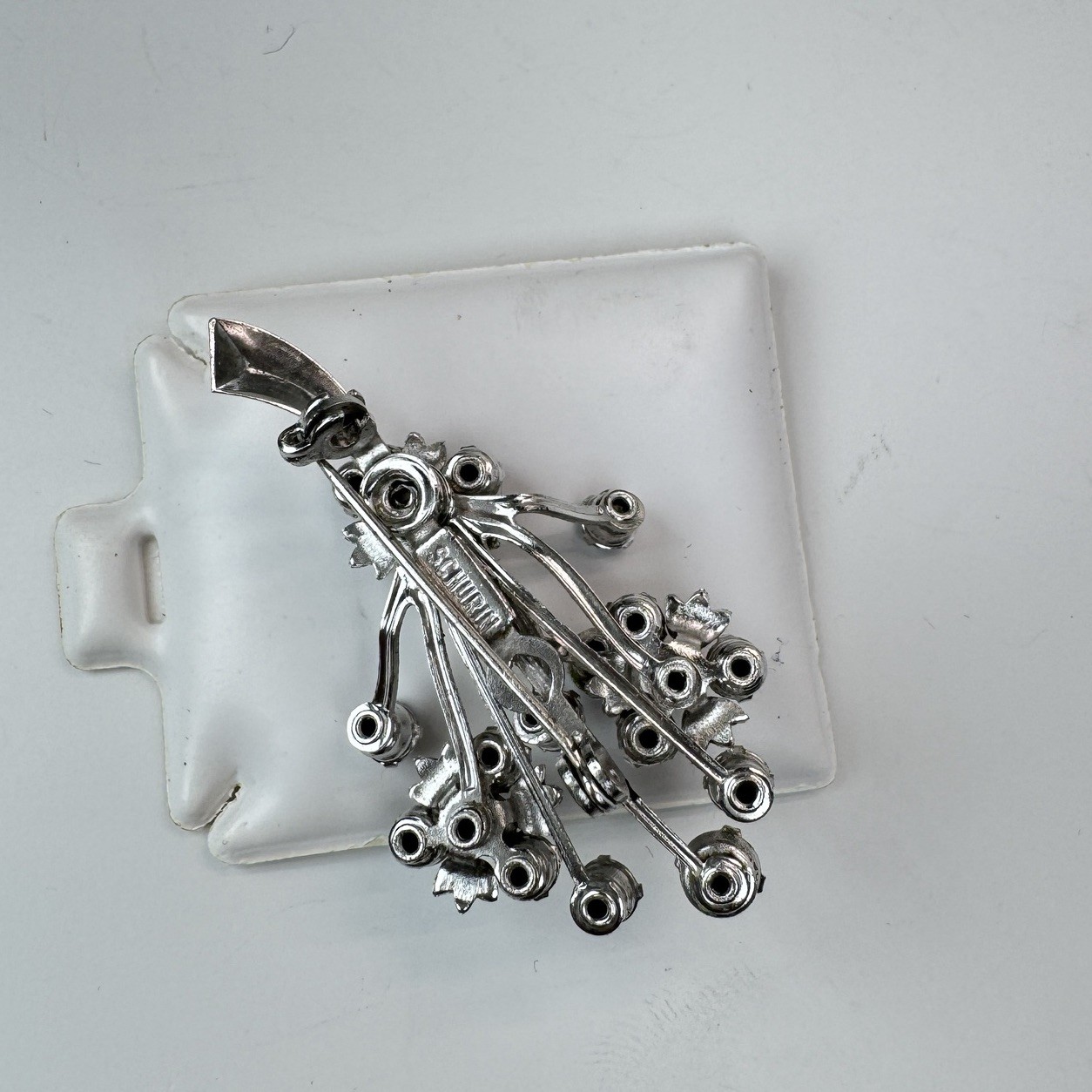 VTG Schurin Rhinestone Bouquet Brooch Pin Silver Tone Floral Spray Signed