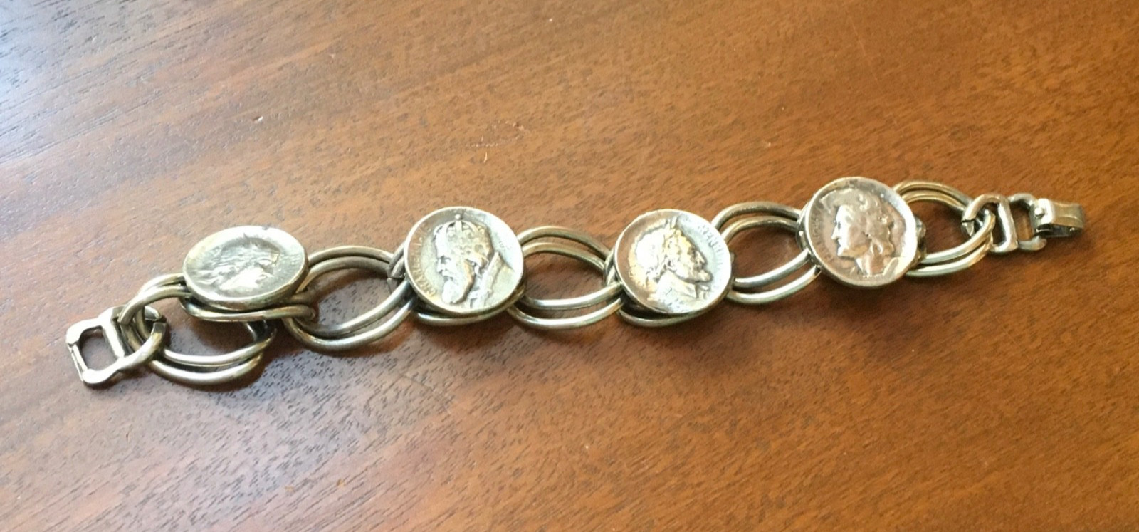 Louis Rault Mark Silver Content Link Bracelet with 4 Coin Monarch Faces