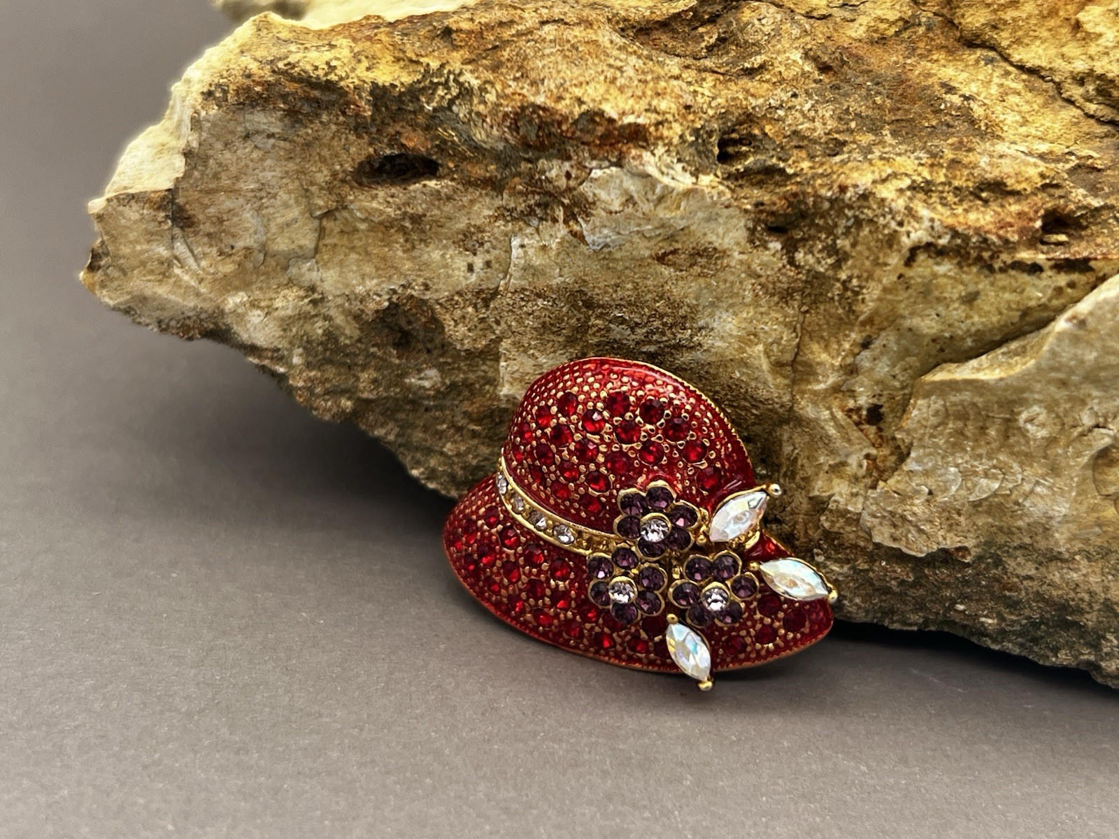 Vintage Red Hat Brooch Red Rhinestone Purple Flower Pin