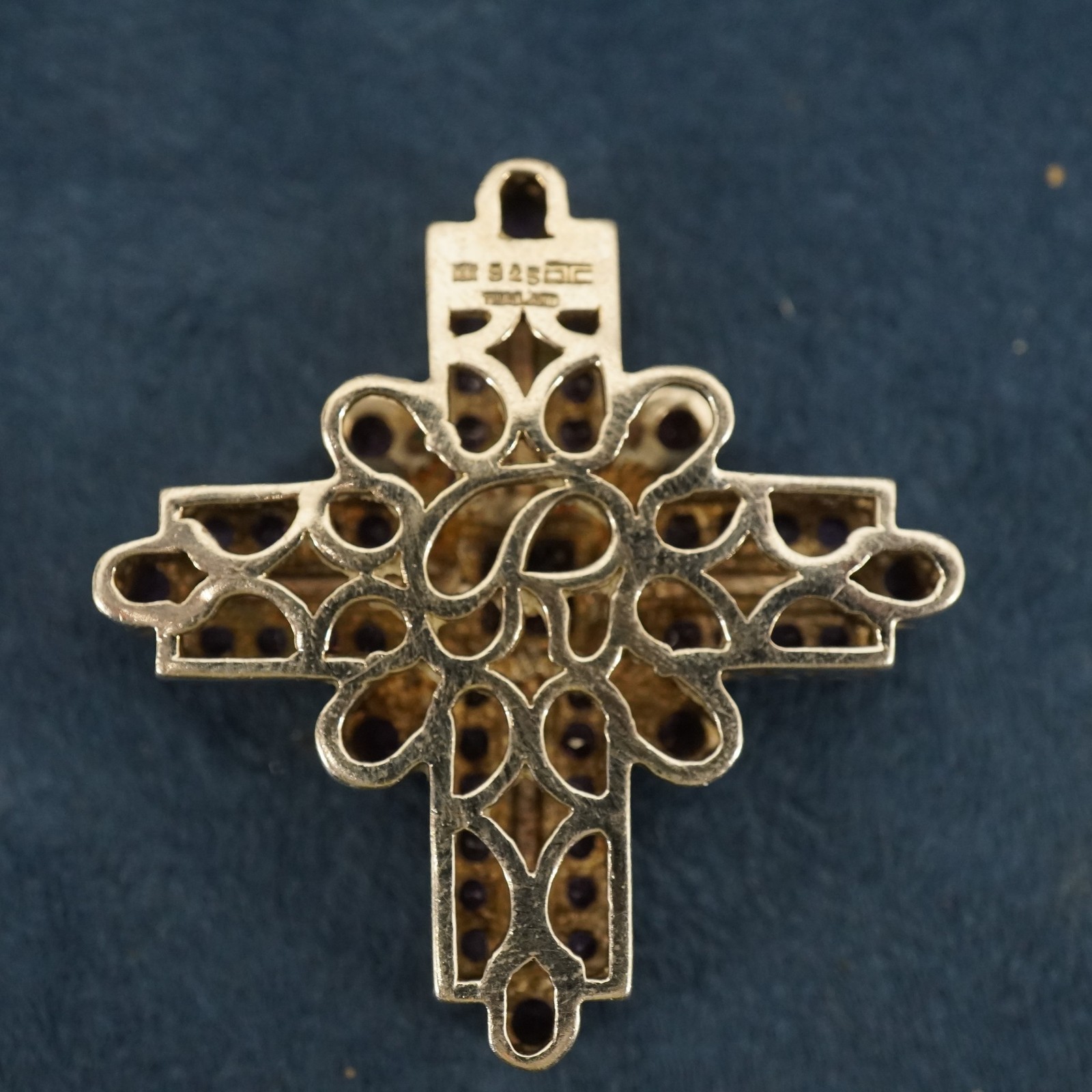 18k Yellow Gold Sterling Silver Pink Stone Square Cross Pendant- Free Ship USA