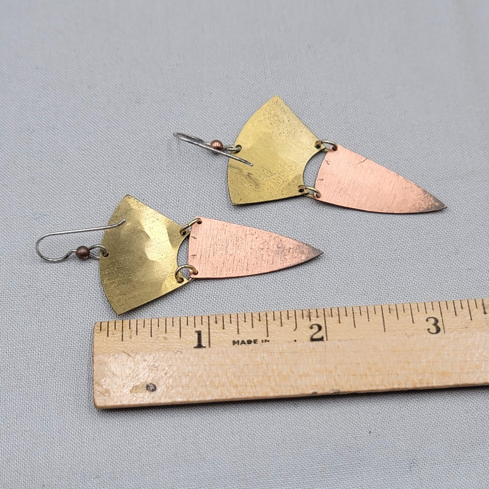 Vintage Bird Design Brass & Copper Pierced Earrings Dangle 2″