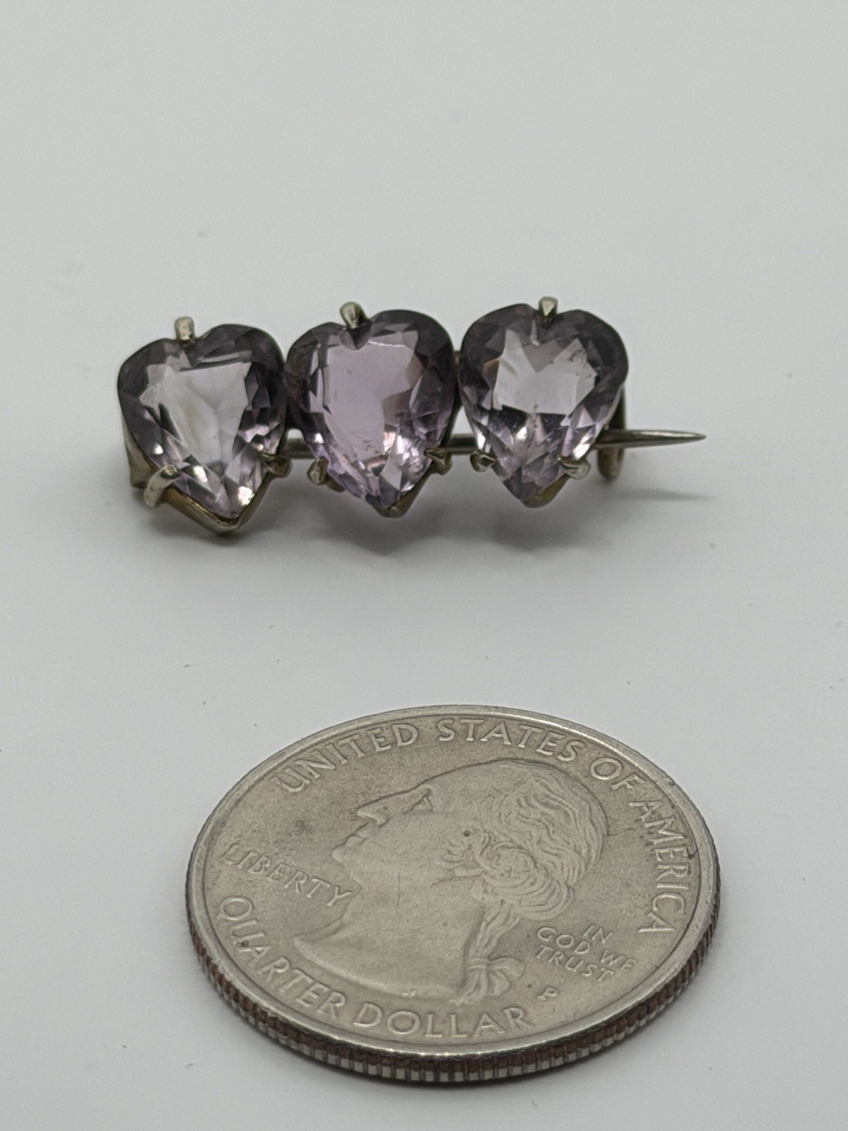 Antique Victorian 3 Light Purple Paste Hearts Goldtone Bar Brooch