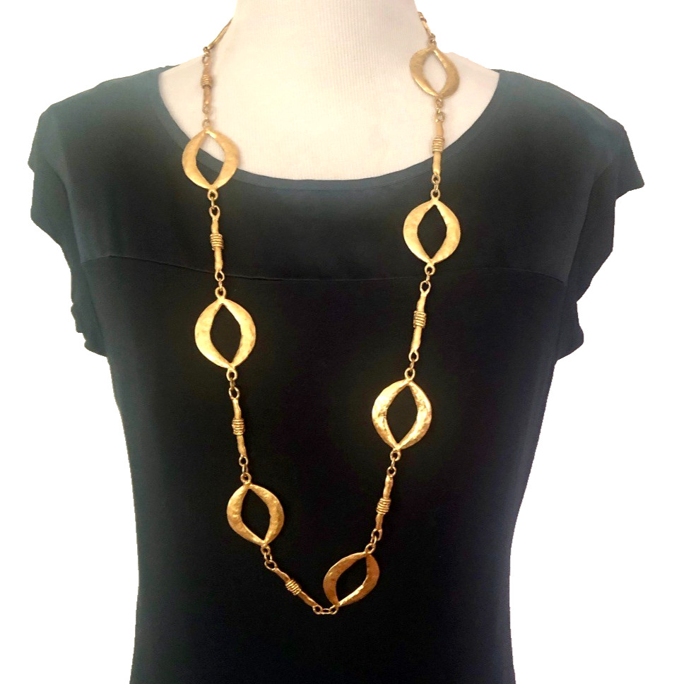 VTG Hammered 37″ STATION CHAIN LINK NECKLACE Gold Tone Open Ovals & Bar Links