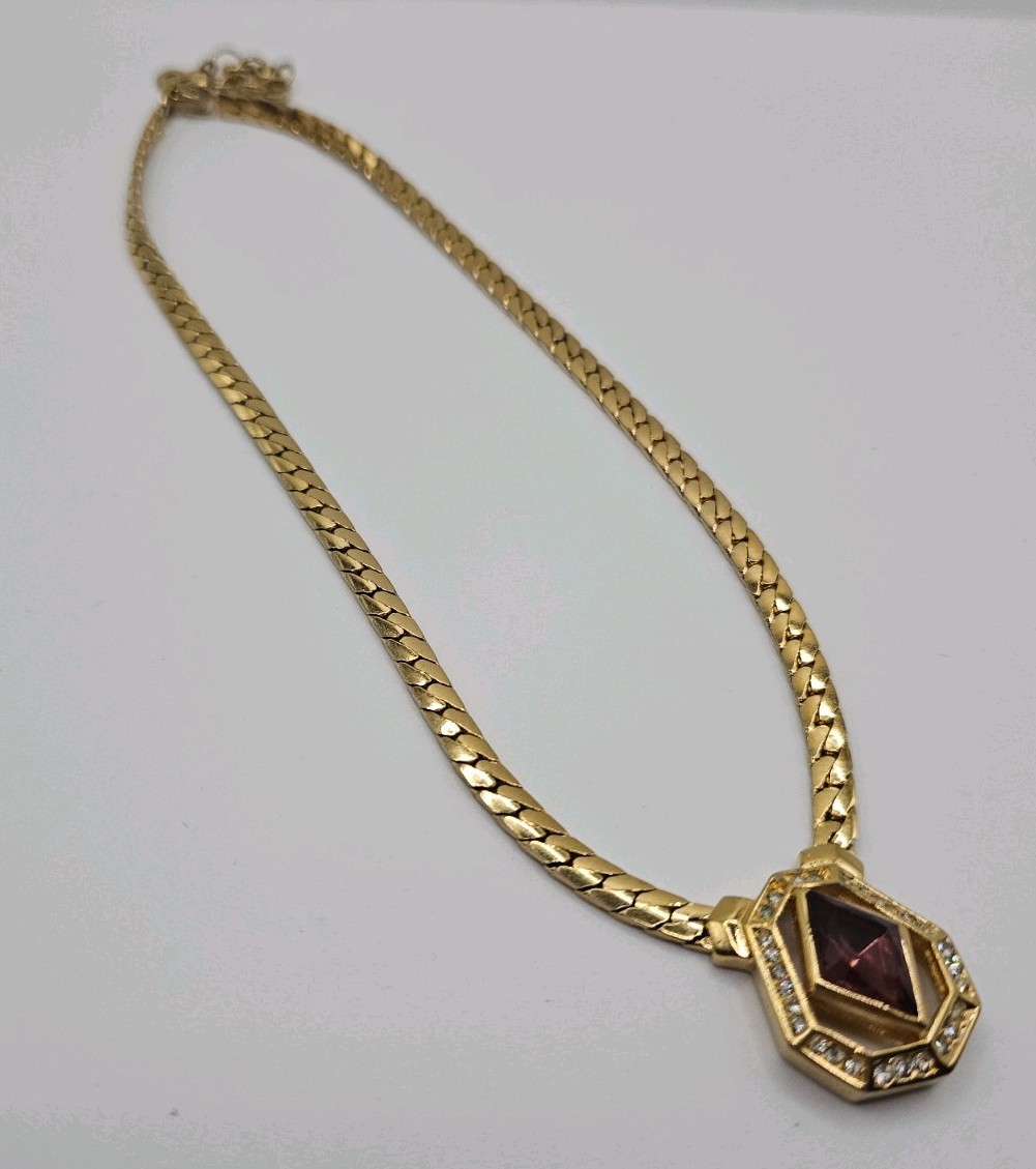 Vintage Christian Dior Gold Tone Necklace w/Purple Lozenge Cut Stone