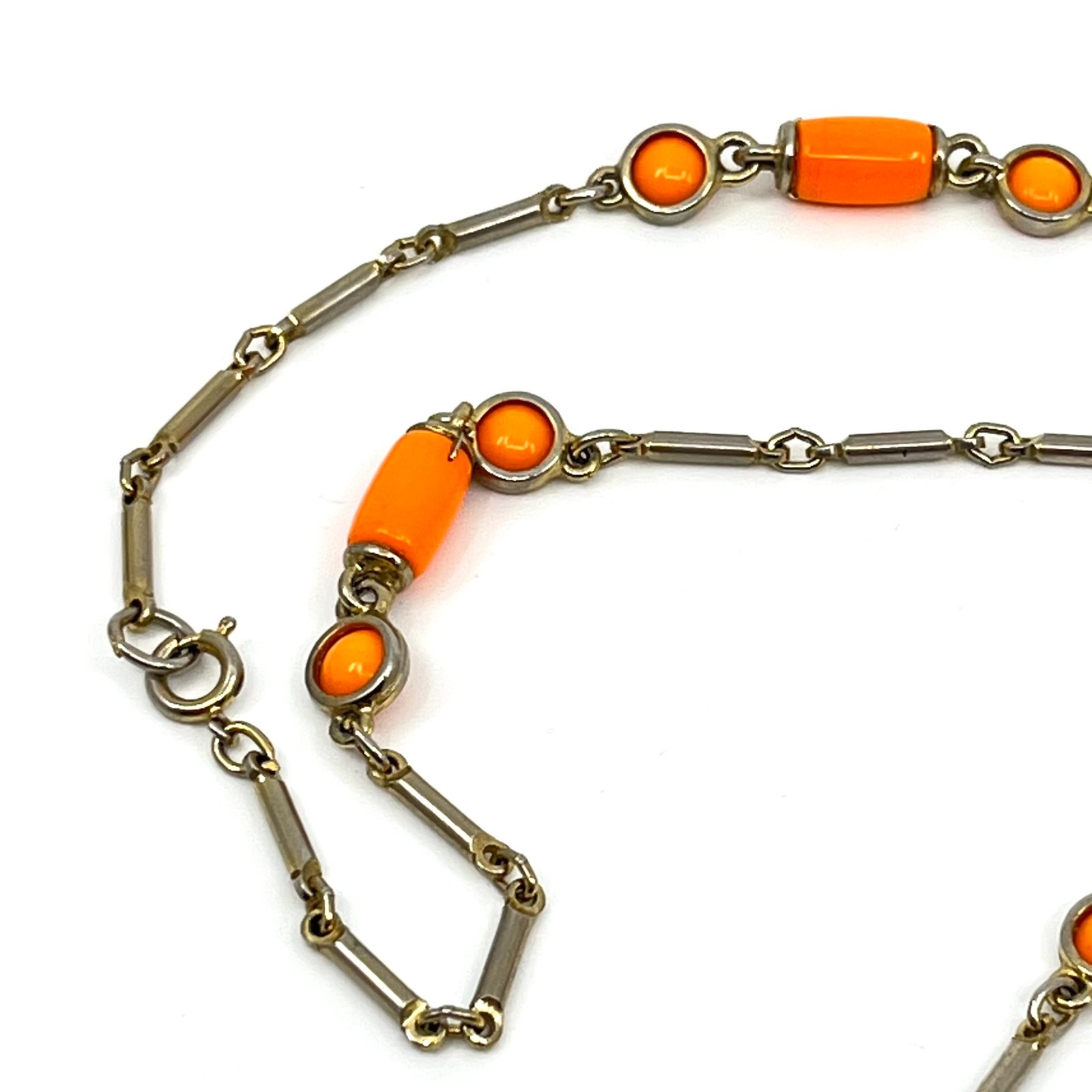 Vintage Orange Enamel Bar Link Station Necklace Silver Tone Mod 36″ Spring Ring