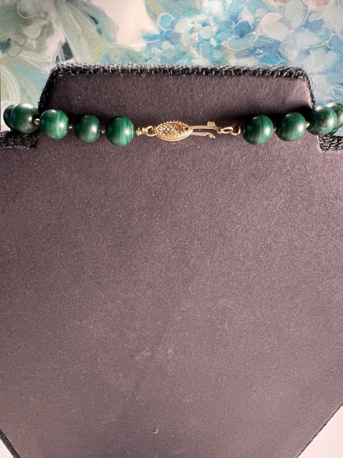 Beaded Malachite Pearl 21″ Necklace 14K Fish Hook Clasp
