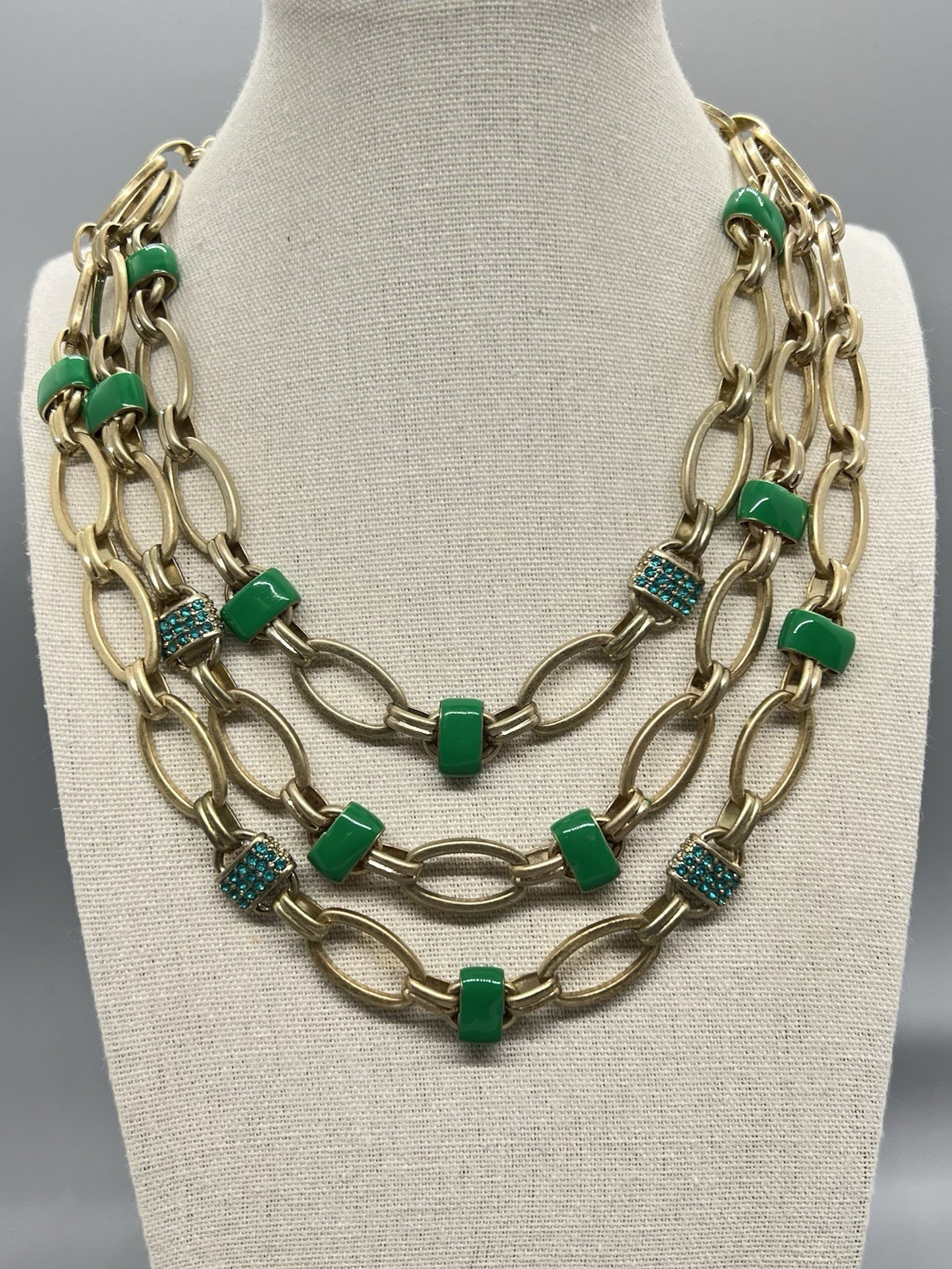 Coldwater Creek Green Enamel Blue Rhinestone Multi Strand Necklace Gold Tone