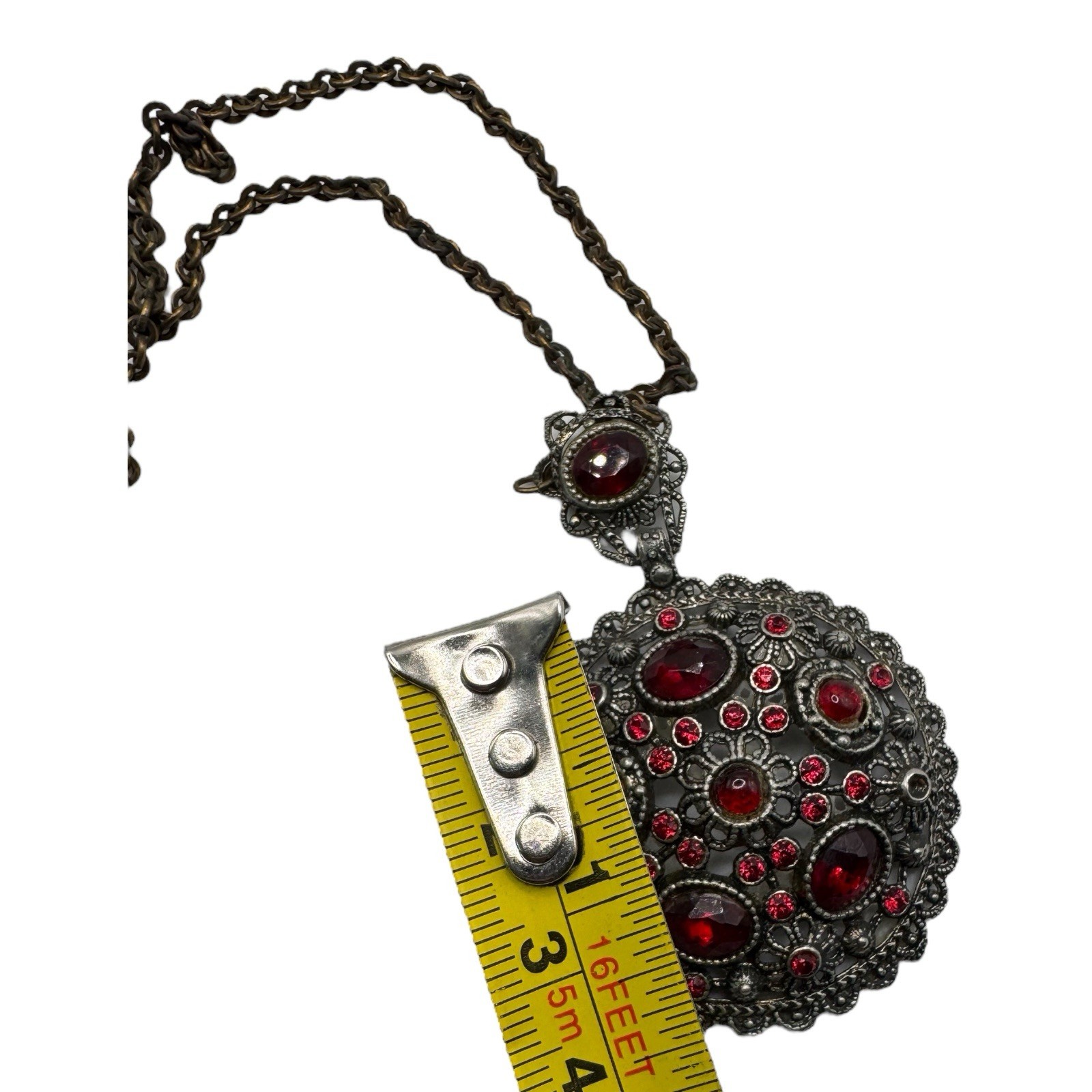 Vintage NE Glass Works Filigree Pendant Necklace – Red Glass Stones, Goblet Mark
