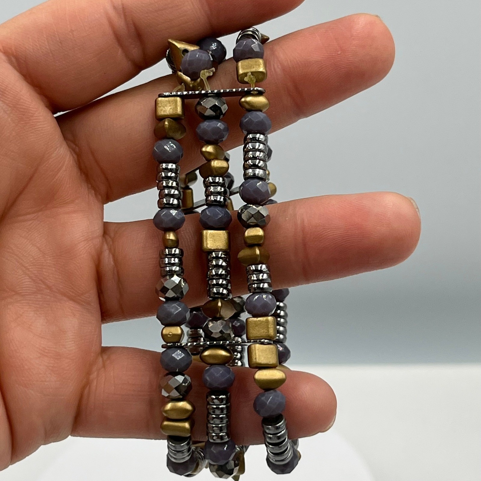 Vintage Multi Strand Beaded Bracelet Gray Faceted Beads Gold Silver Tone Wrap