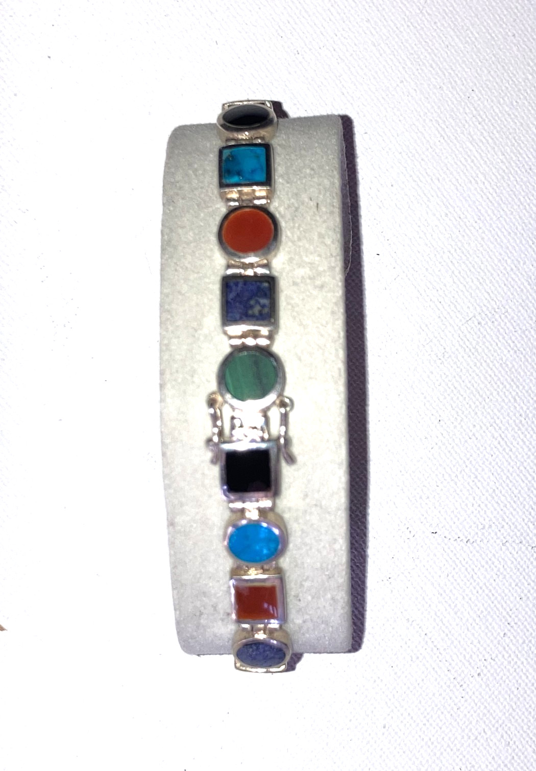 Vintage Sterling Silver Multi-Gemstone Signed Link Bracelet-Hinged-Flexible