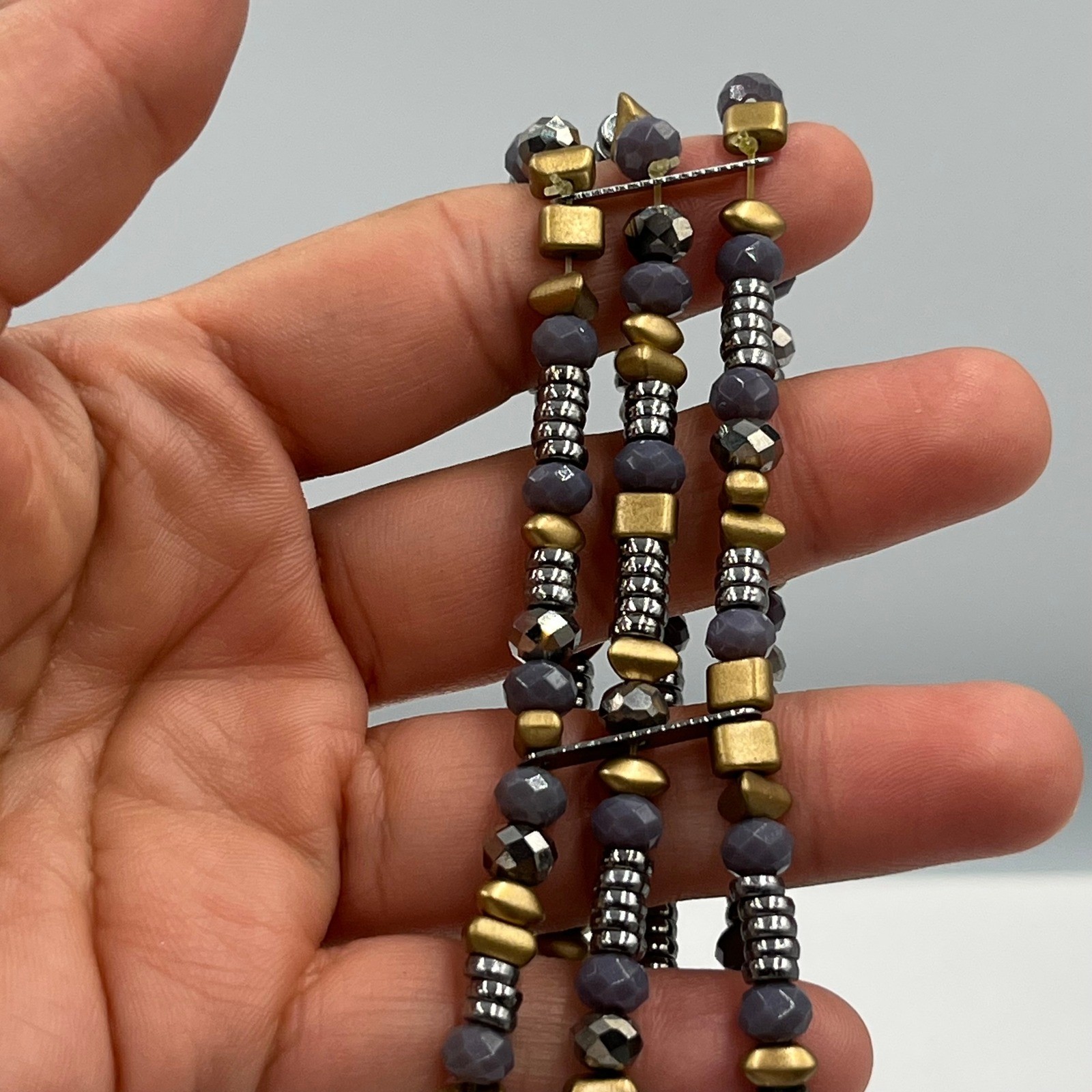 Vintage Multi Strand Beaded Bracelet Gray Faceted Beads Gold Silver Tone Wrap