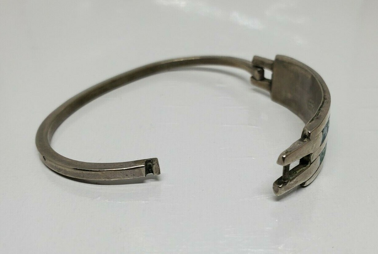 Turquoise Chip Inlay Bracelet Silver Tone Blue Green Side Opening