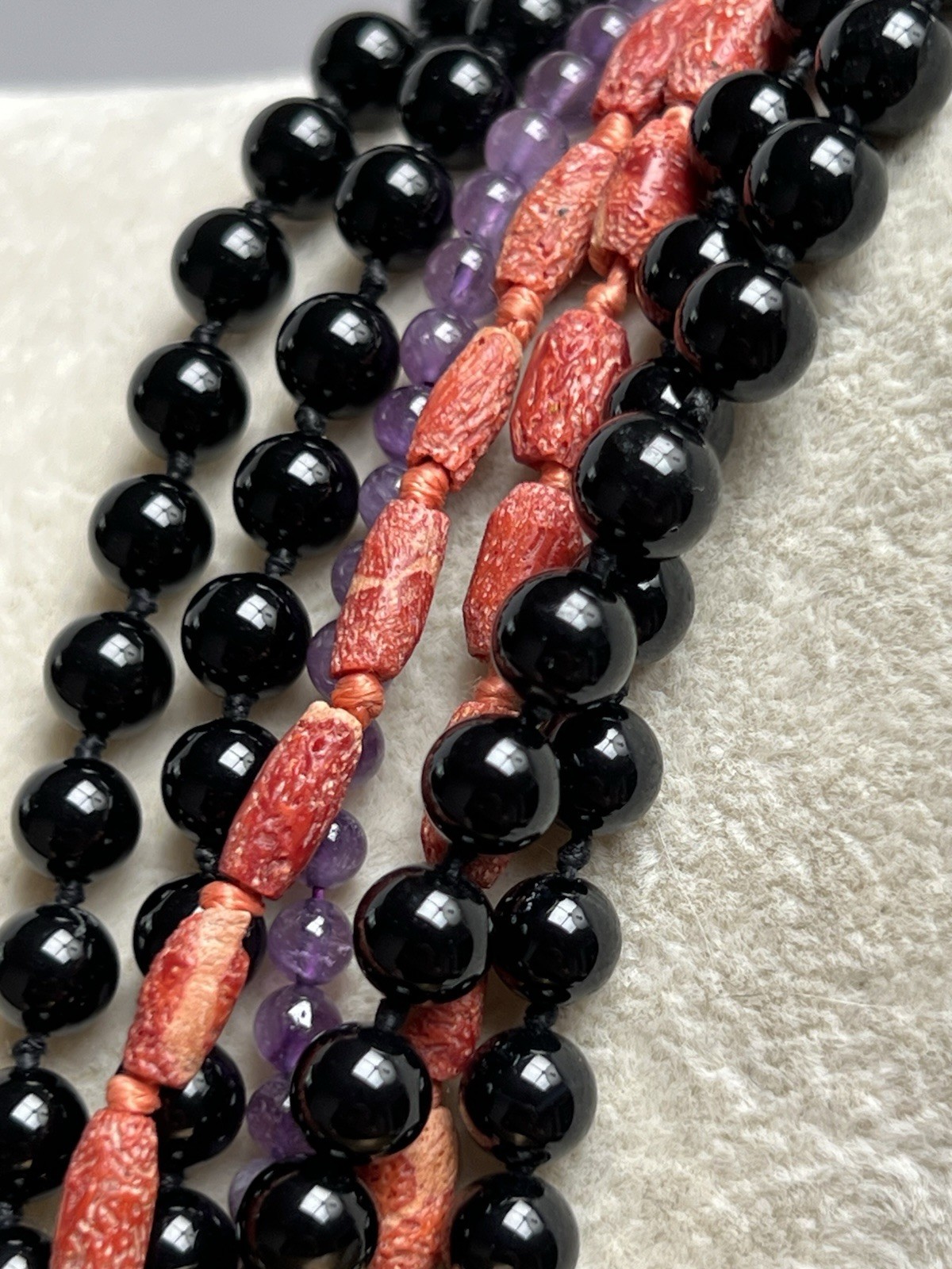 Vintage Celia Sebiri Black Agate Coral Amethyst Multi Strand Long Necklace 28”