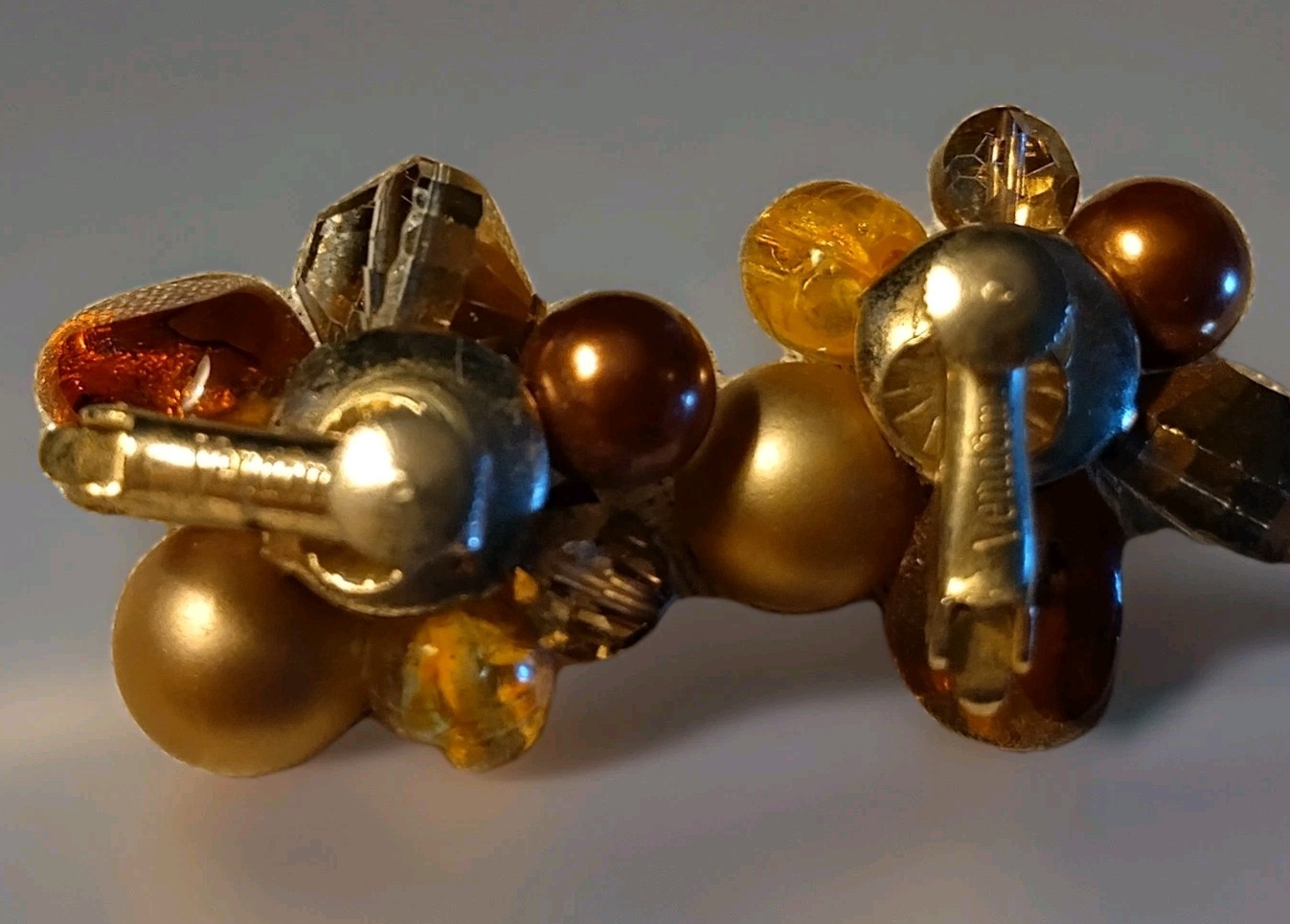 Vintage Signed VENDOME Amber Brown and Golden Leaves Adjustable Clip-On Earrings