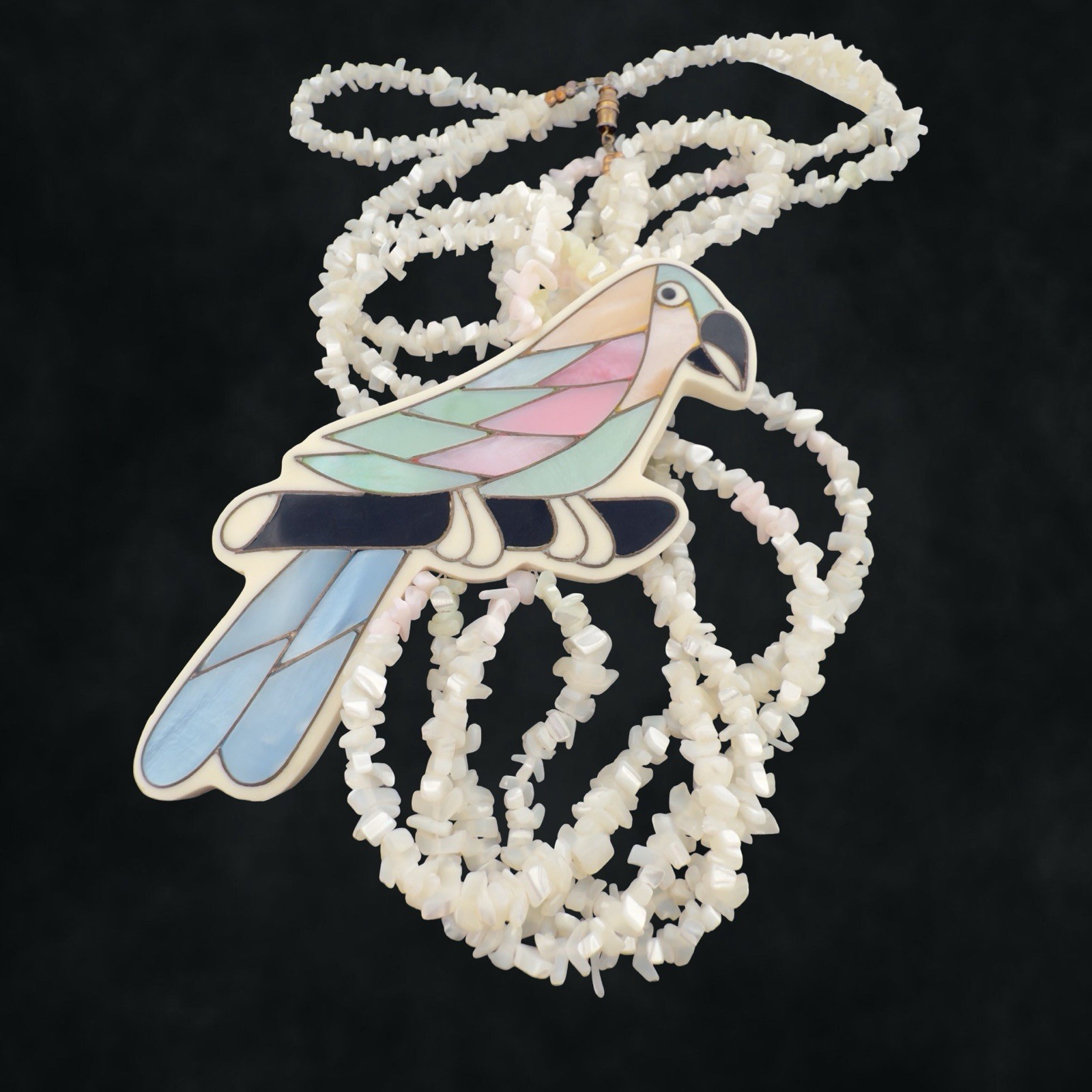 Vintage HUGE 4.5″ Inlay Parrot 🖤 Bird Shell MOP Abalone Shell Layered Necklace